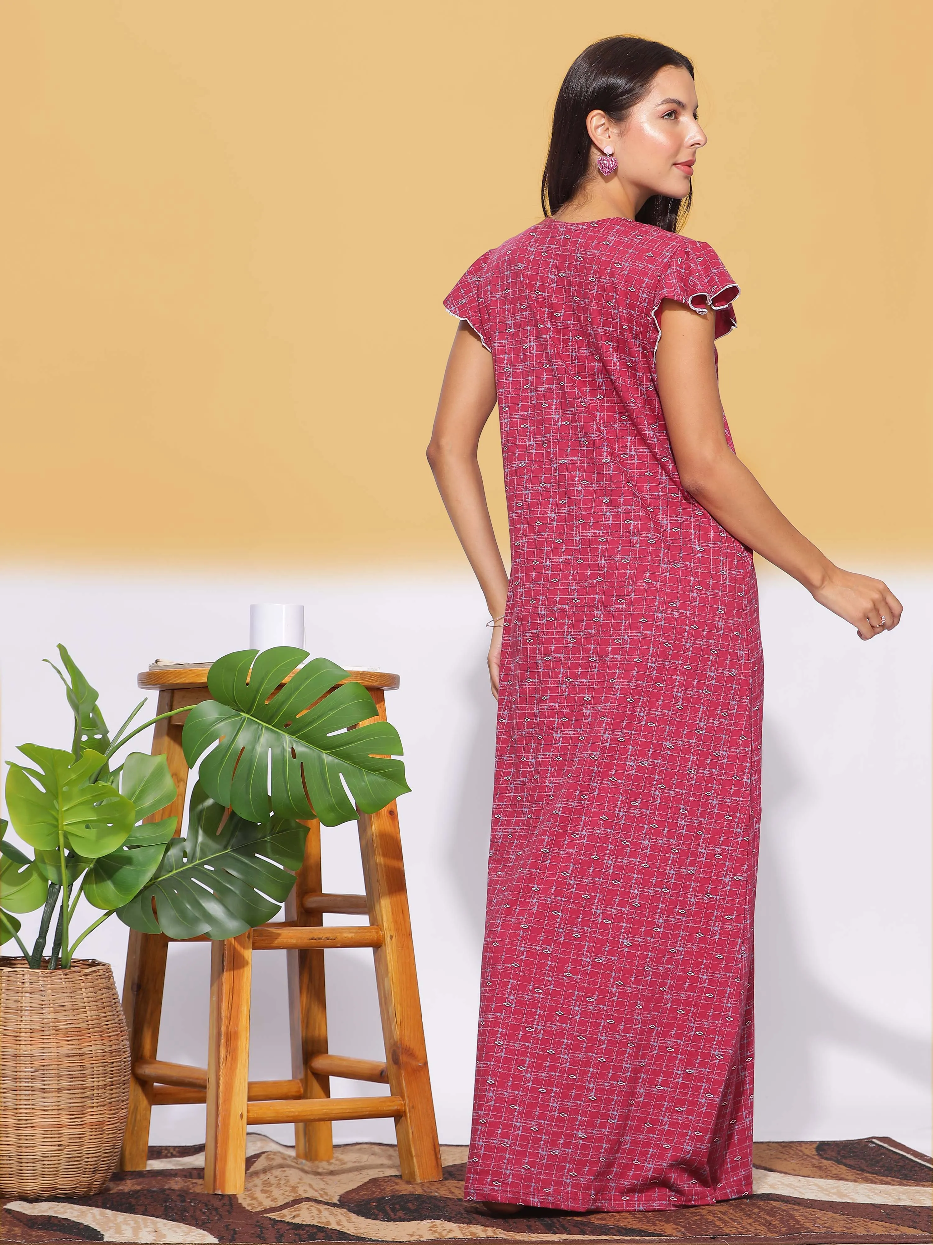 Hosiery Cotton Designer Red Maxi Nighty
