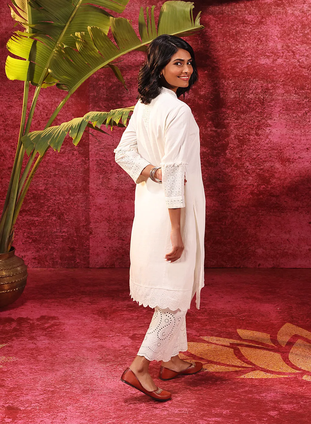 Inaya Ivory Embroidered Cotton Linen Slub Kurta for Women