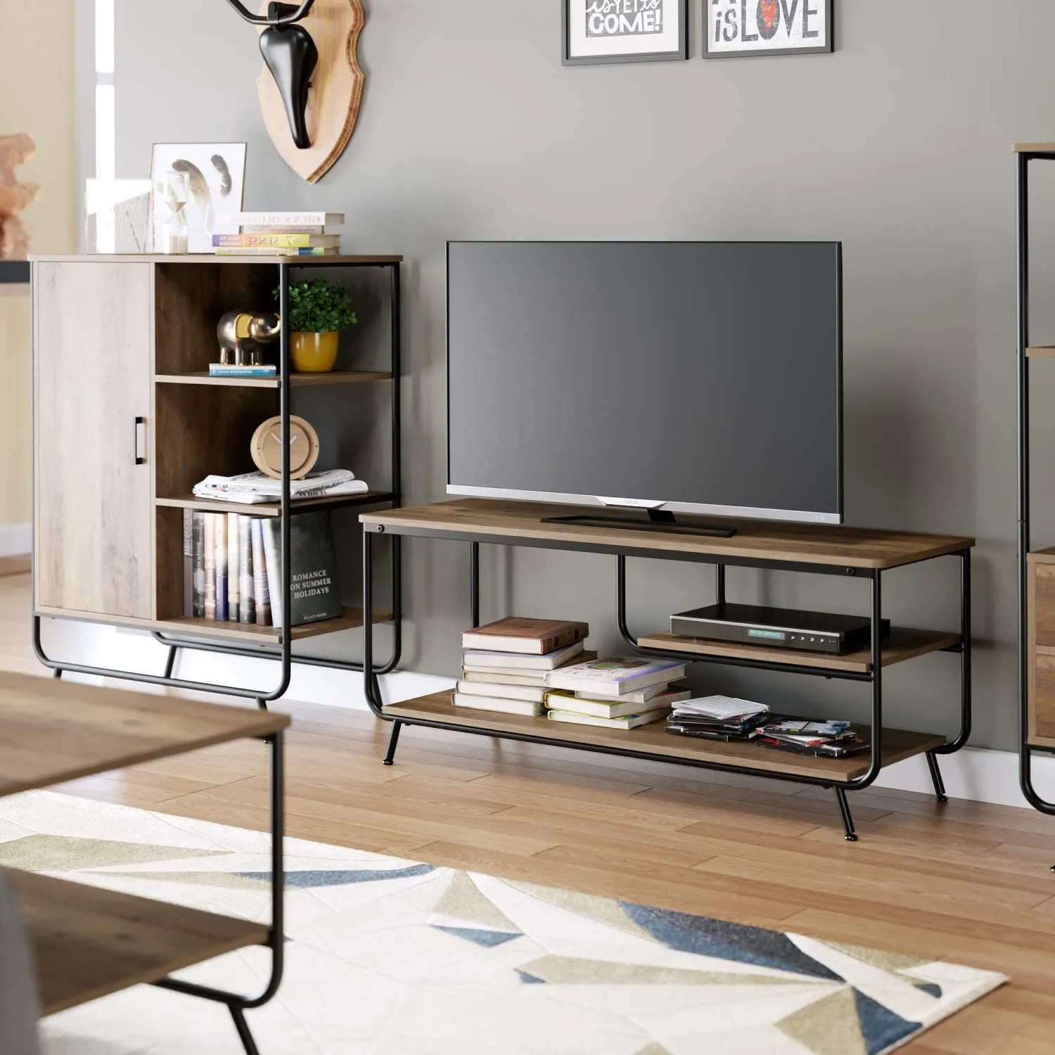 Industrial Wood and Metal TV Stand with 3 Tier Storage Shelves for TVs up to 55"