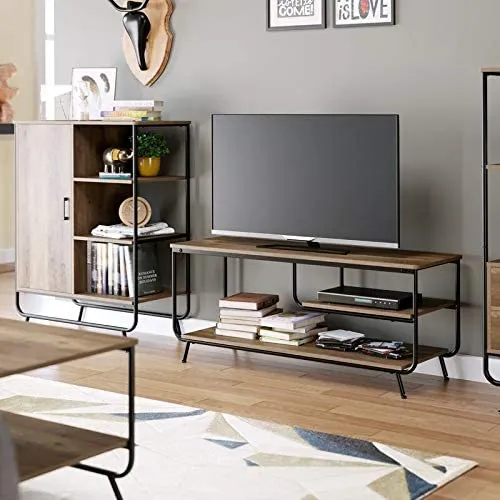 Industrial Wood and Metal TV Stand with 3 Tier Storage Shelves for TVs up to 55"