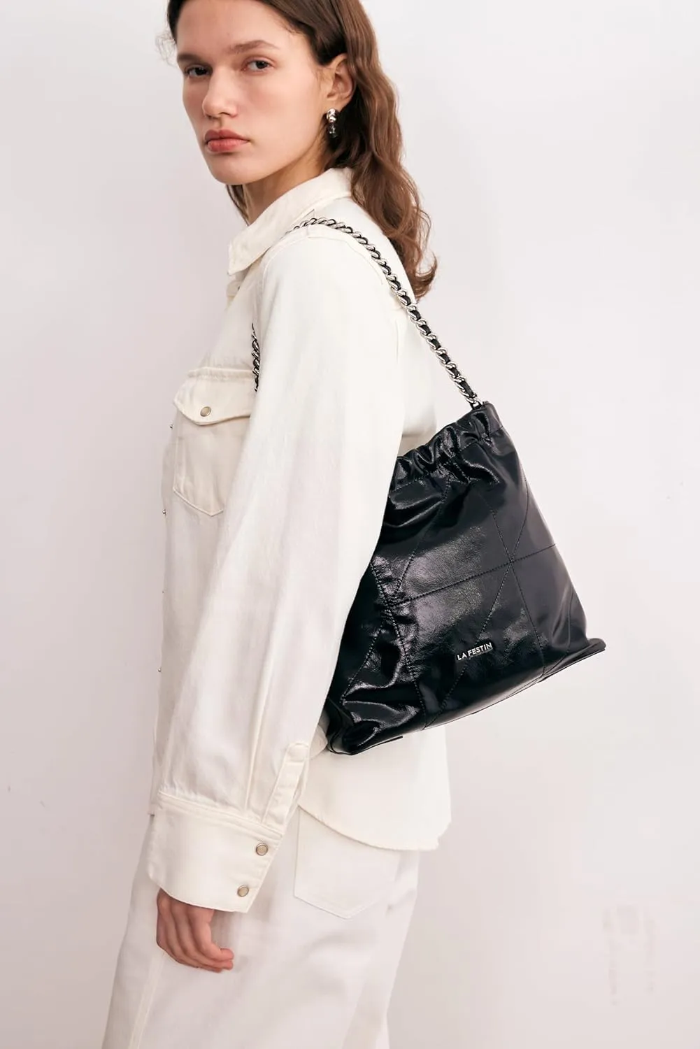 LA FESTIN Split Leather Shoulder Bag for Women with Adjustable Strap, Chain Detail, Elegant Women's Crossbody Handbags
