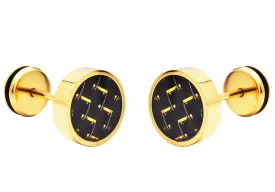 Mens 9mm Gold Plated Stainless Steel Earrings With Gold Carbon Fiber