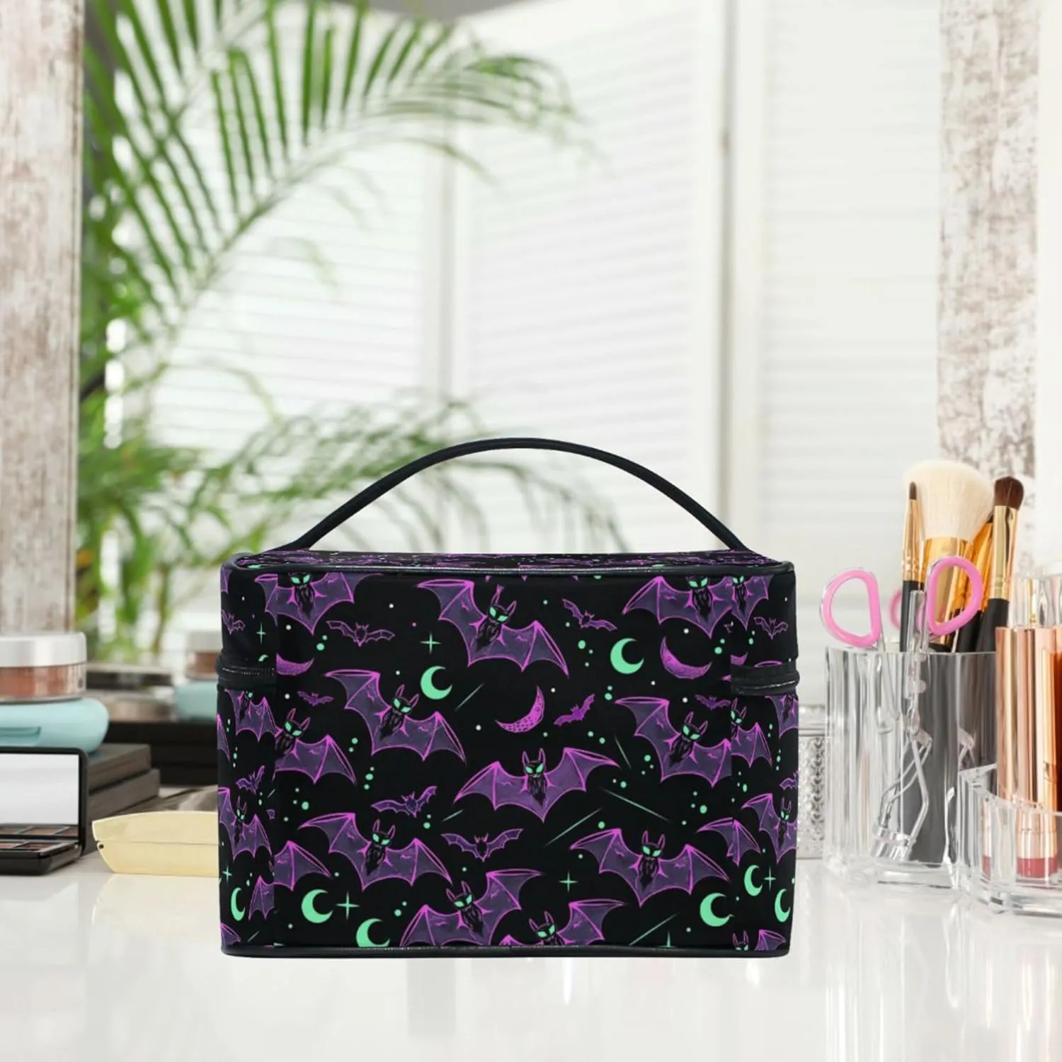 MNSRUU Makeup Bags, Neon Purple and Bats Stars and Moons Makeup Organizer Bags Toiletry Bag Box Travel Cosmetic Bag Make Up Train Case for Women Teen Girl Ladies
