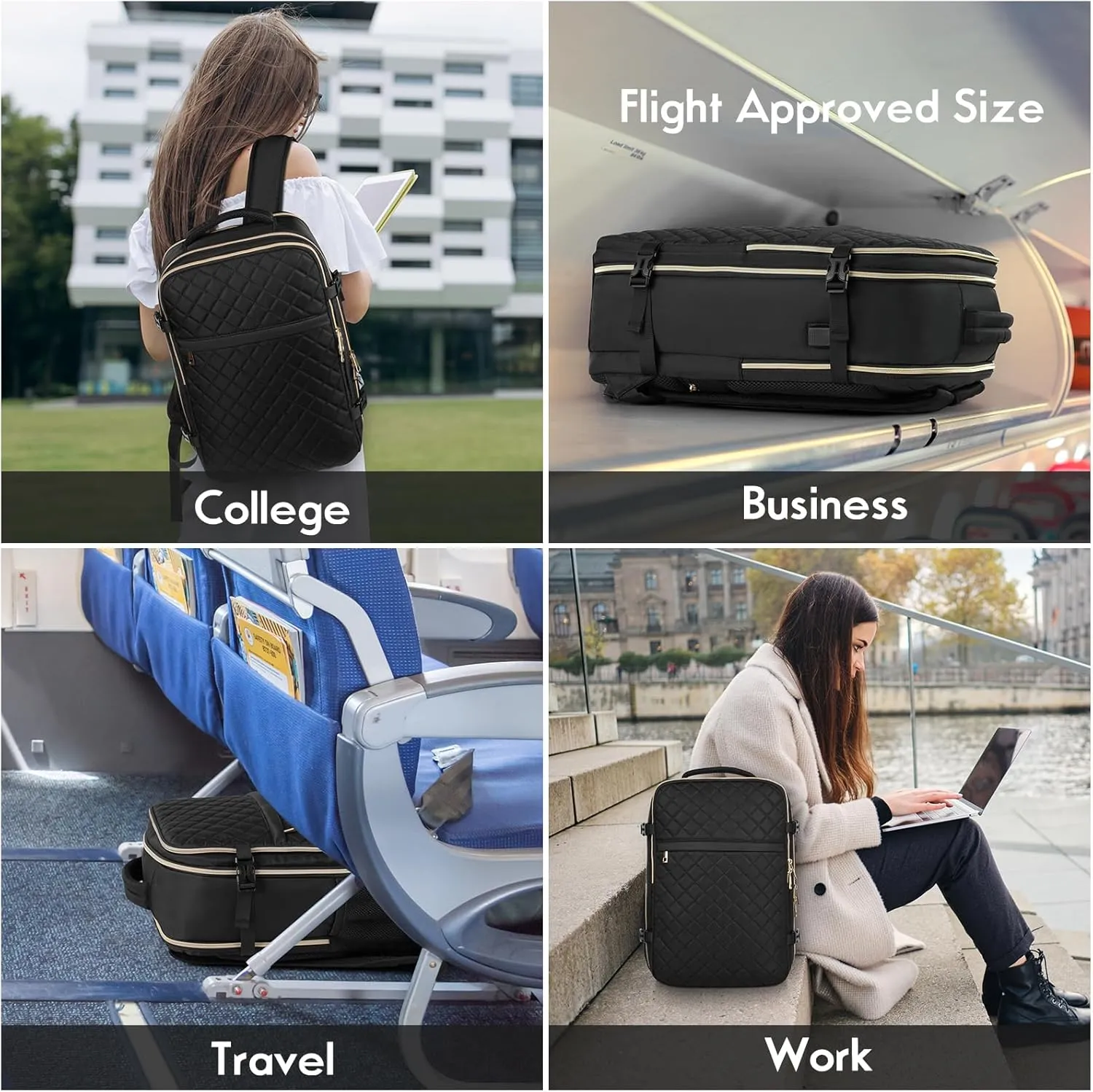 MOMUVO Travel Backpack for Women, Carry On Backpack Airline Approved with 3 Packing Cubes, 15.6 Inch Laptop Backpack with USB Charging Port, Casual Daypack for Weekender Business College, Black