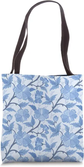 Monochrome Blue Flowers and Leaves Seamless Pattern Tote Bag