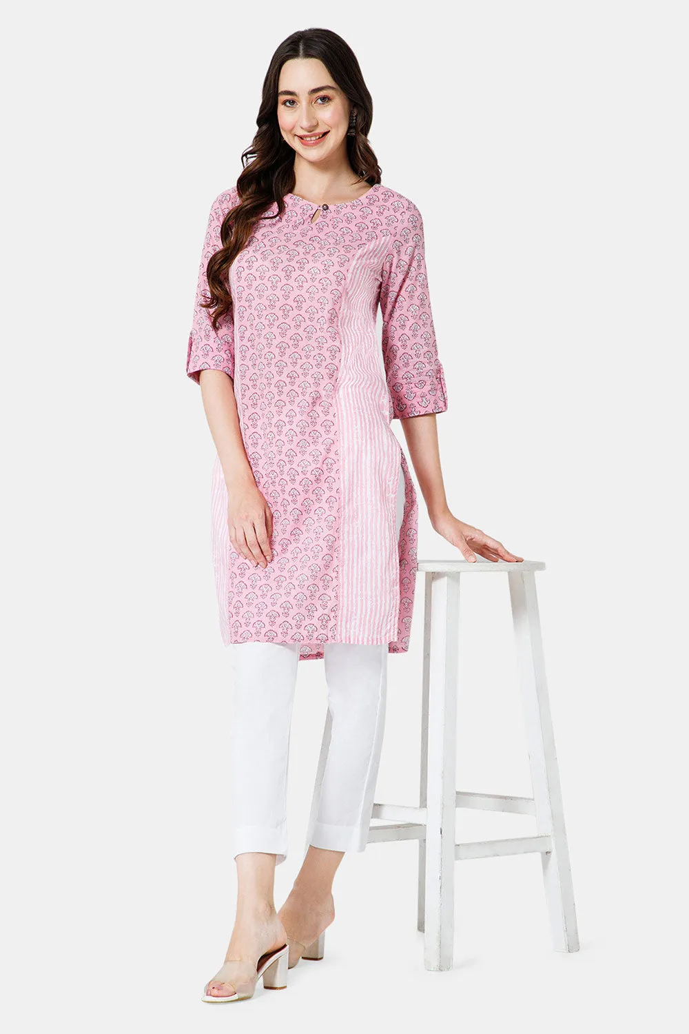 Mythri Women's Ethnic Wear Round Neck With Keyhole Opening in 3/4 sleeve with sleeve tab - Pink - KU60