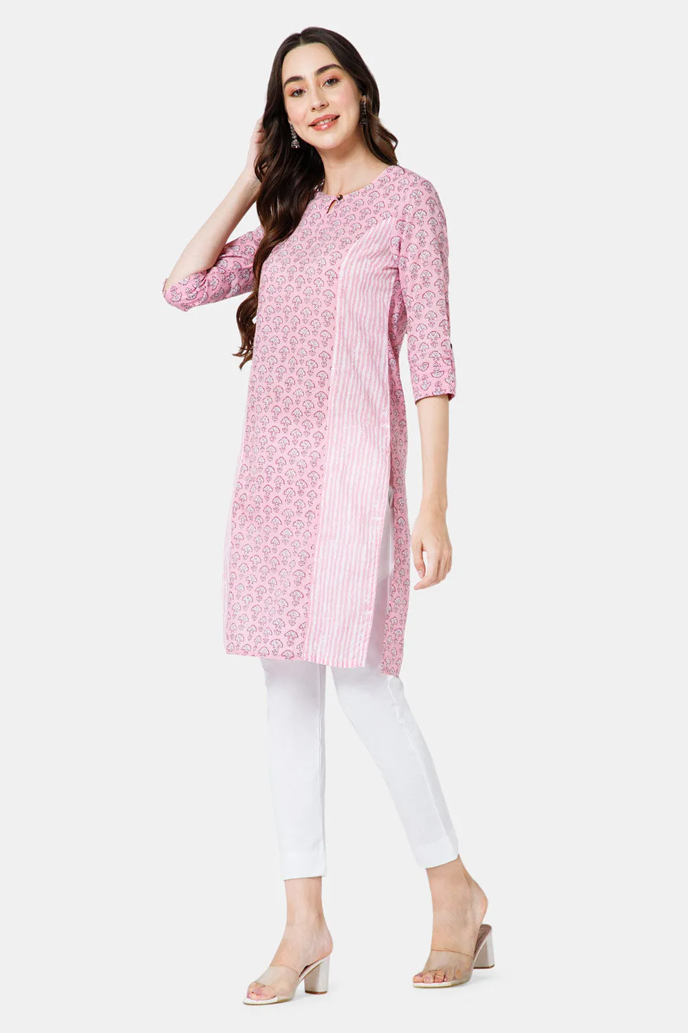 Mythri Women's Ethnic Wear Round Neck With Keyhole Opening in 3/4 sleeve with sleeve tab - Pink - KU60