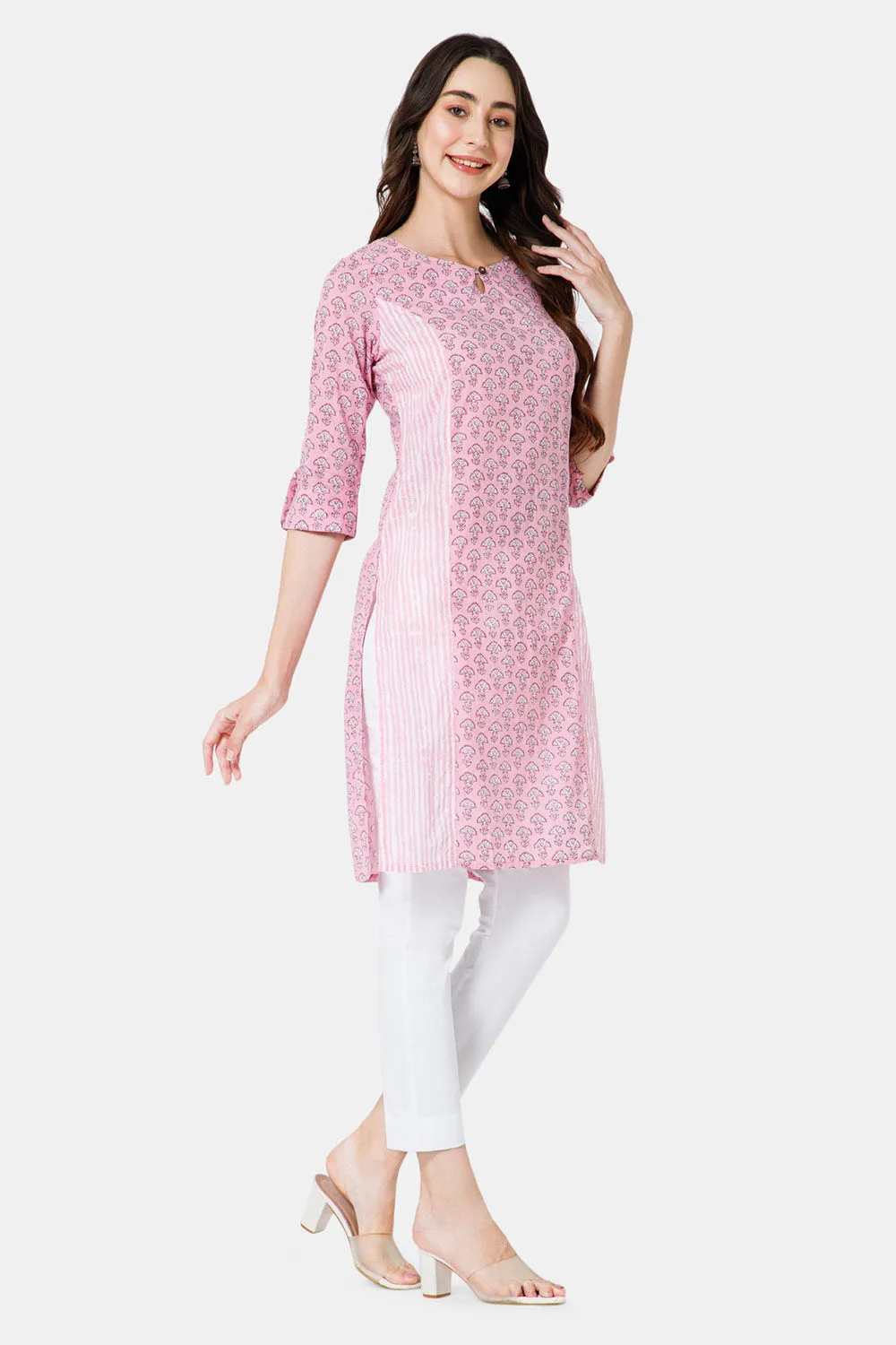 Mythri Women's Ethnic Wear Round Neck With Keyhole Opening in 3/4 sleeve with sleeve tab - Pink - KU60