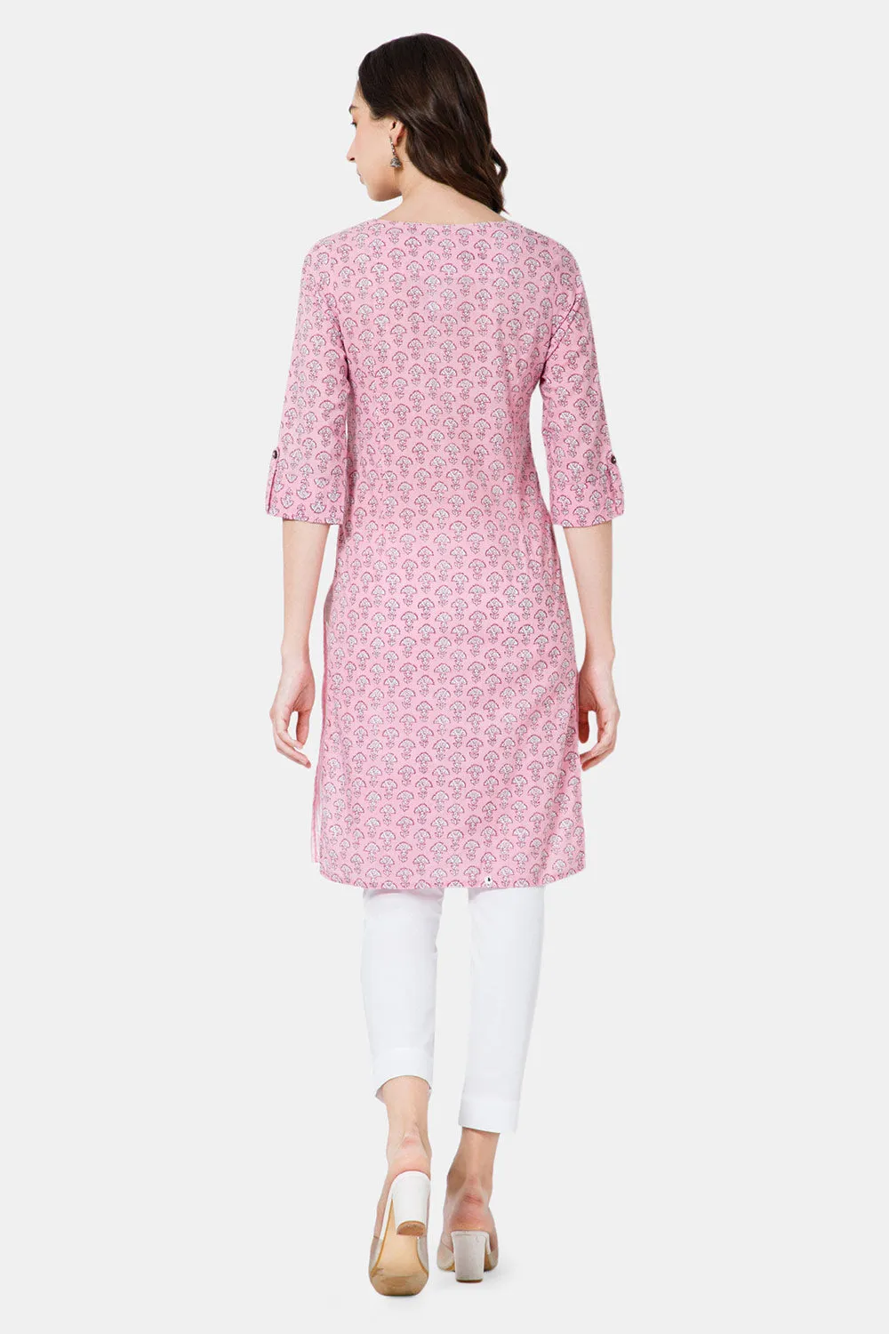 Mythri Women's Ethnic Wear Round Neck With Keyhole Opening in 3/4 sleeve with sleeve tab - Pink - KU60