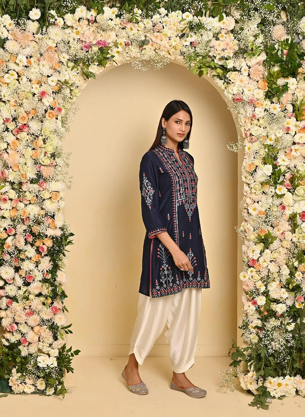 Navy Blue Embroidered Thigh-length Kurti with 3/4th Sleeves