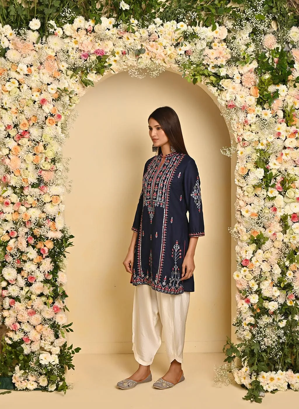 Navy Blue Embroidered Thigh-length Kurti with 3/4th Sleeves