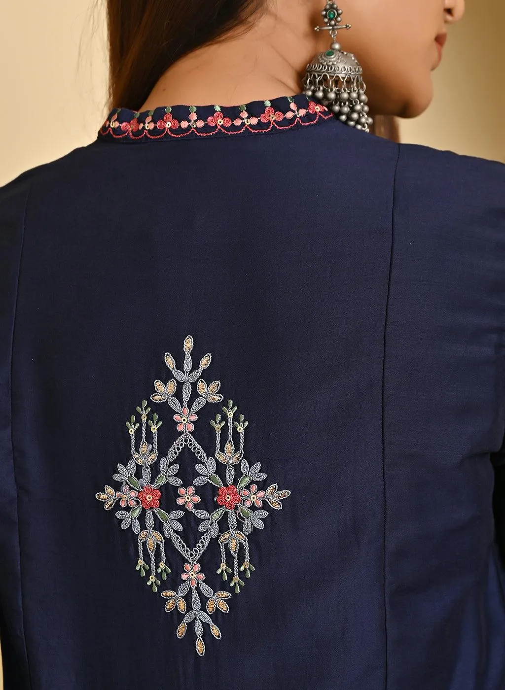 Navy Blue Embroidered Thigh-length Kurti with 3/4th Sleeves