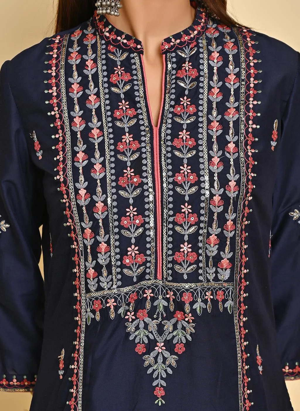 Navy Blue Embroidered Thigh-length Kurti with 3/4th Sleeves
