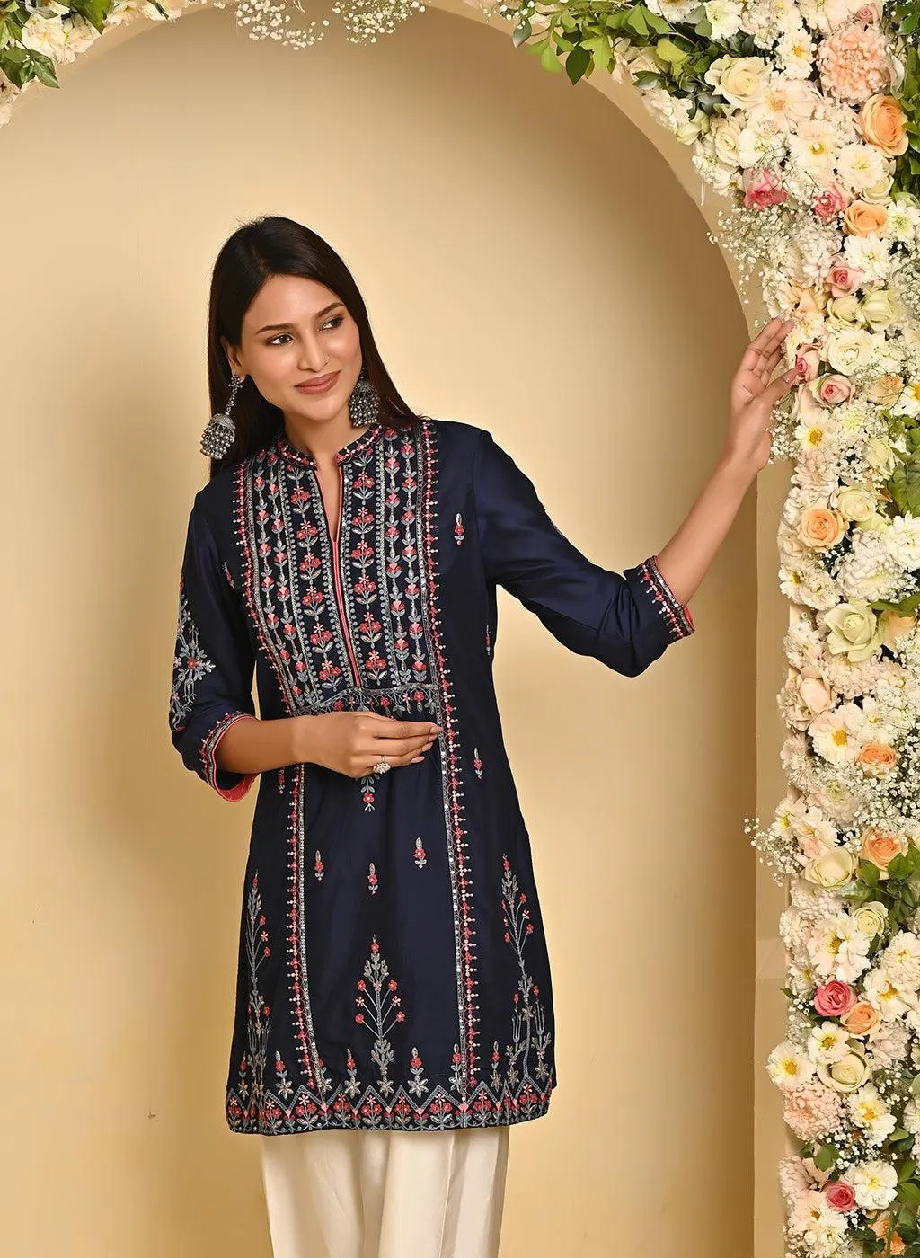 Navy Blue Embroidered Thigh-length Kurti with 3/4th Sleeves