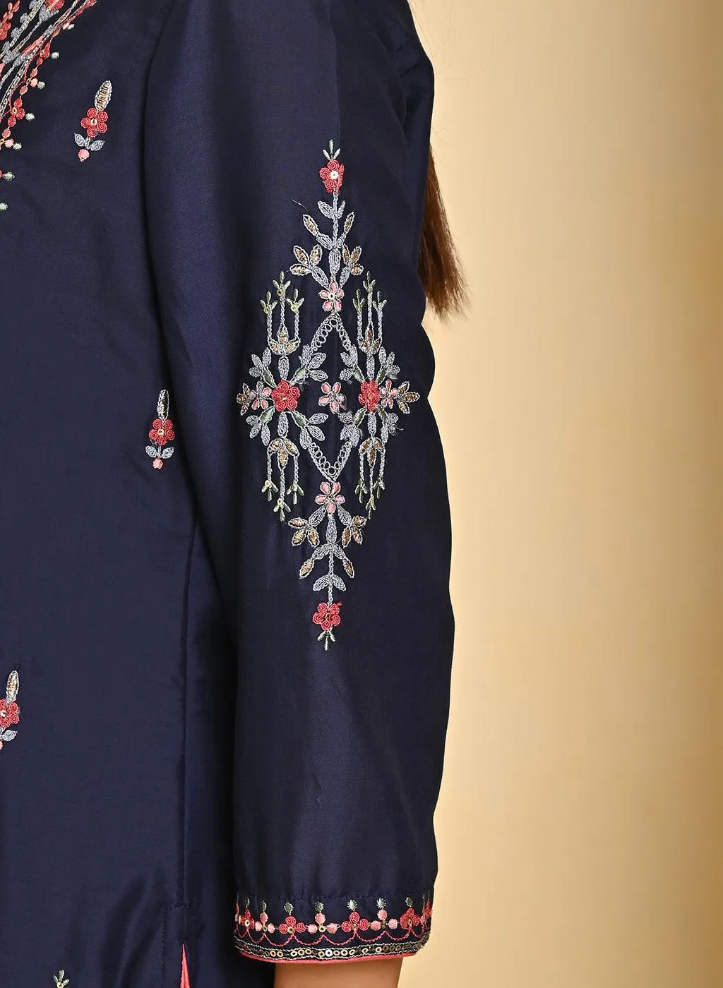 Navy Blue Embroidered Thigh-length Kurti with 3/4th Sleeves