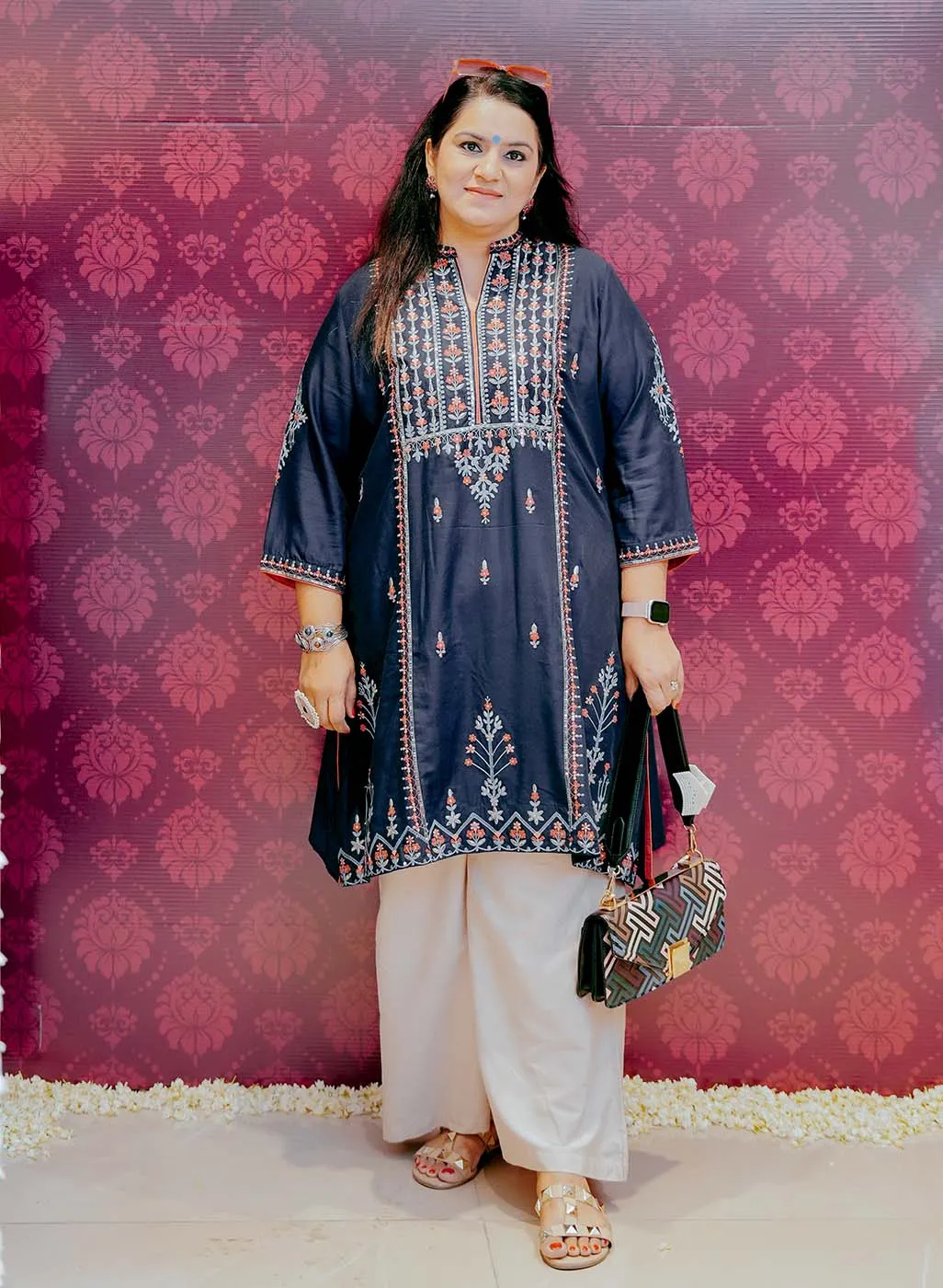 Navy Blue Embroidered Thigh-length Kurti with 3/4th Sleeves