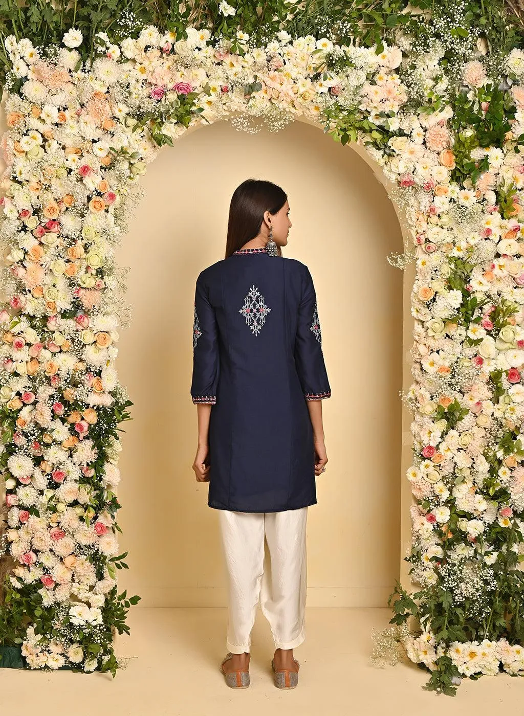 Navy Blue Embroidered Thigh-length Kurti with 3/4th Sleeves
