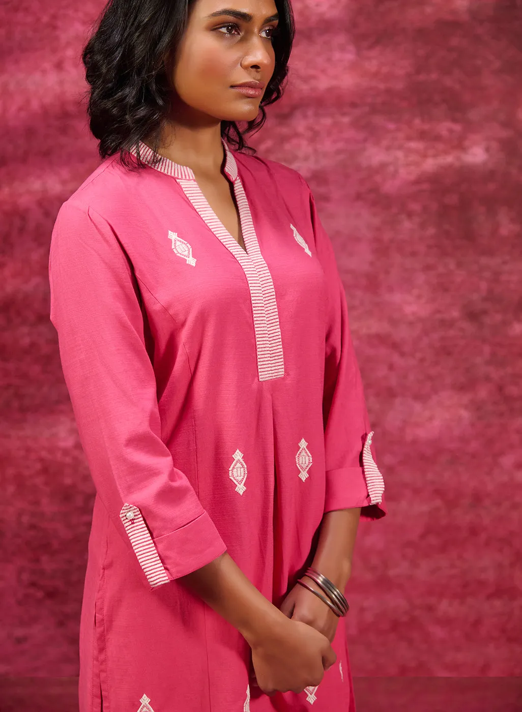 Nayaab Watermelon Pink Embroidered Cotton Kurta Set for Women