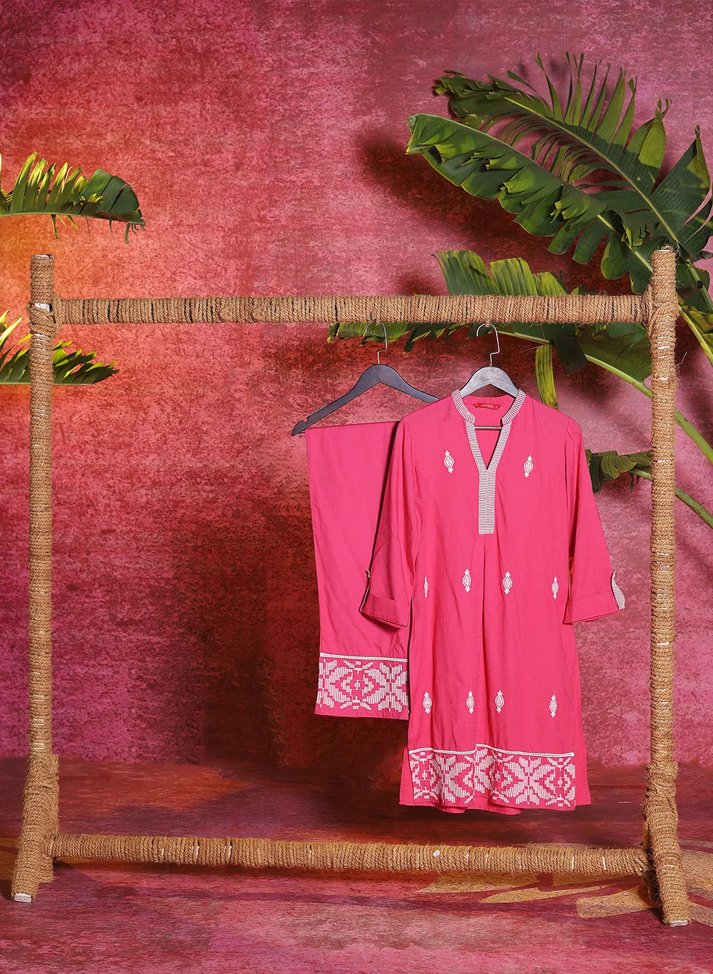 Nayaab Watermelon Pink Embroidered Cotton Kurta Set for Women