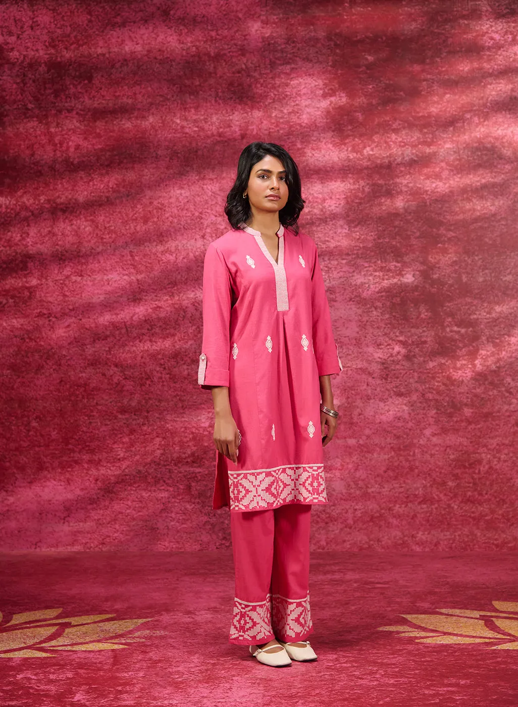 Nayaab Watermelon Pink Embroidered Cotton Kurta Set for Women