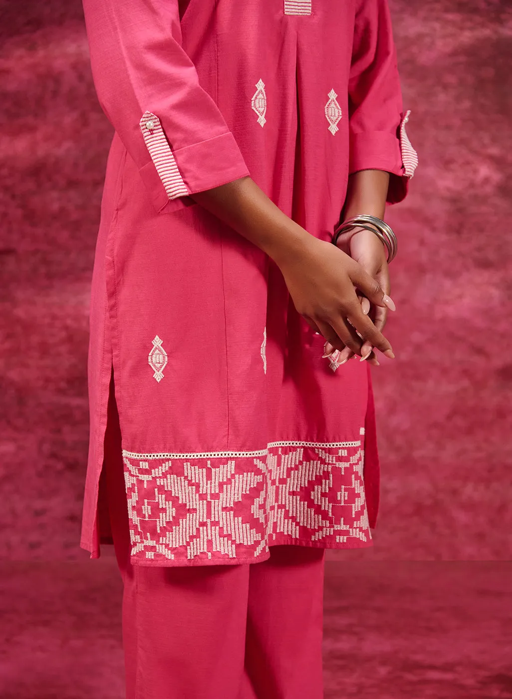 Nayaab Watermelon Pink Embroidered Cotton Kurta Set for Women