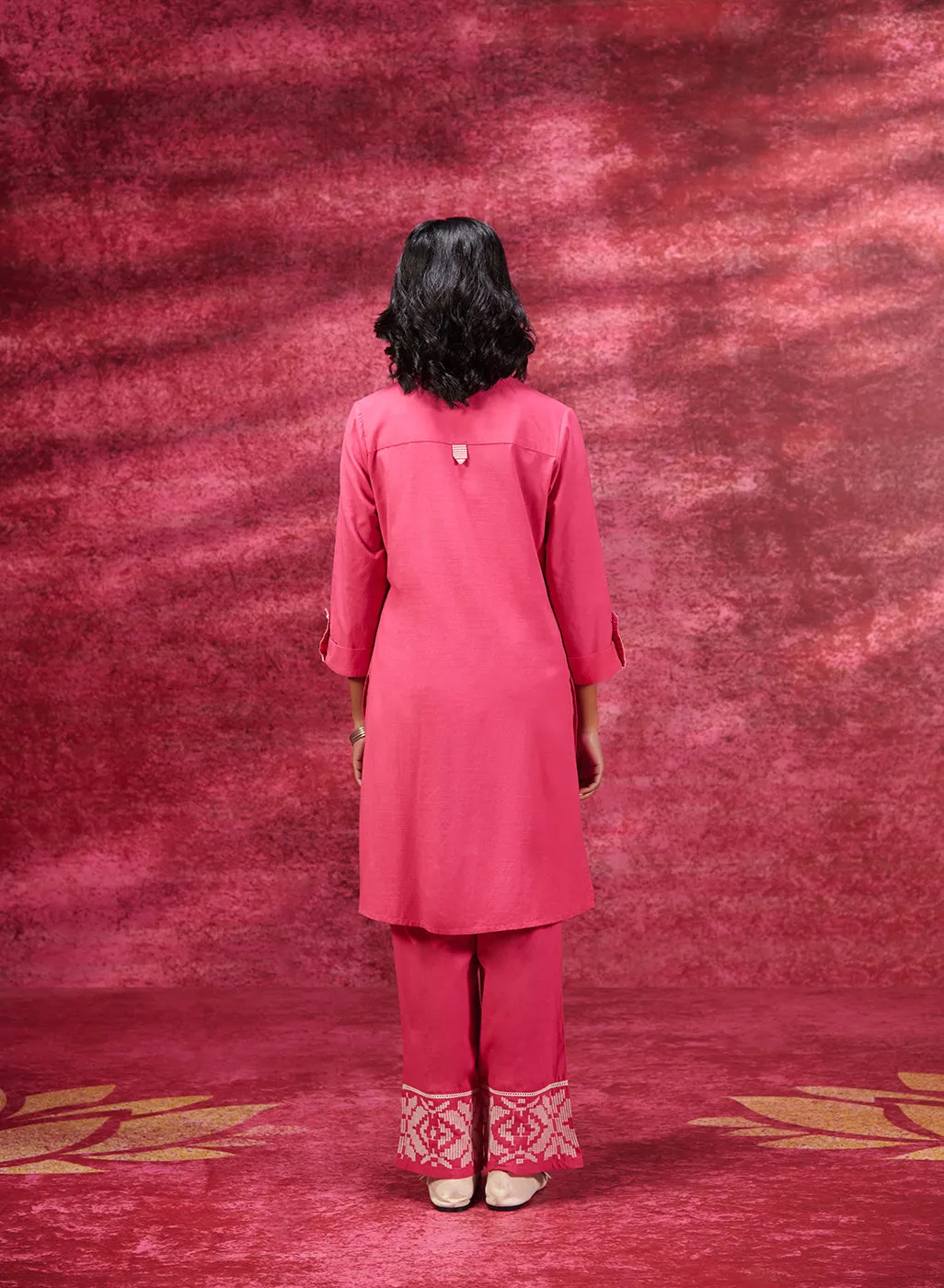 Nayaab Watermelon Pink Embroidered Cotton Kurta Set for Women