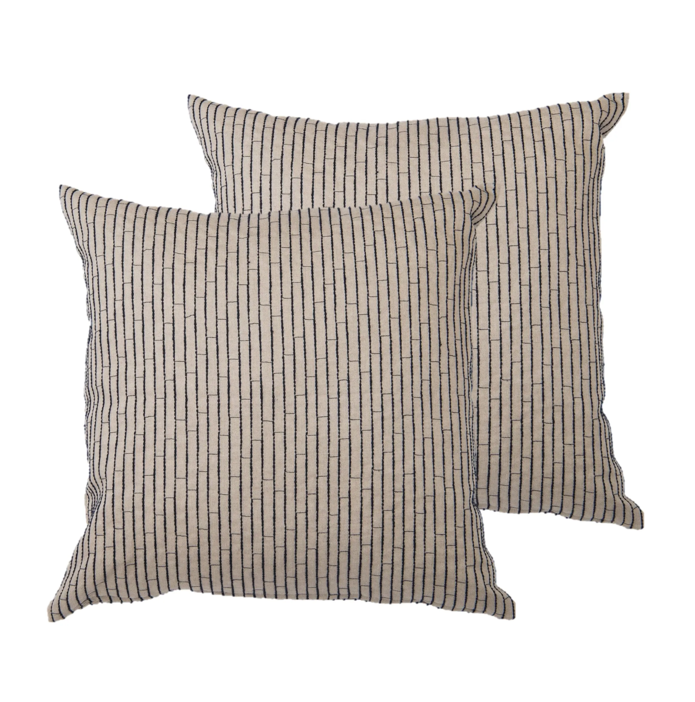 NUNO Throw Pillow Pair: "Hariko Sashi" (Taupe w/ Dark Navy Embroidery)