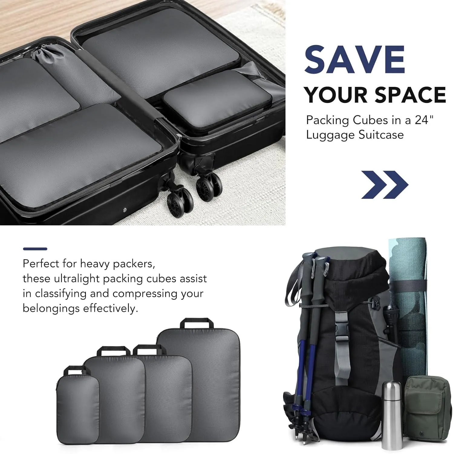 Packing Cubes, 4 Set Lightweight Compression Travel Bags - Luggage Suitcase Organizer Travel Essentials, Expandable Packing Cubes for Carry on Suitcases, Charcoal