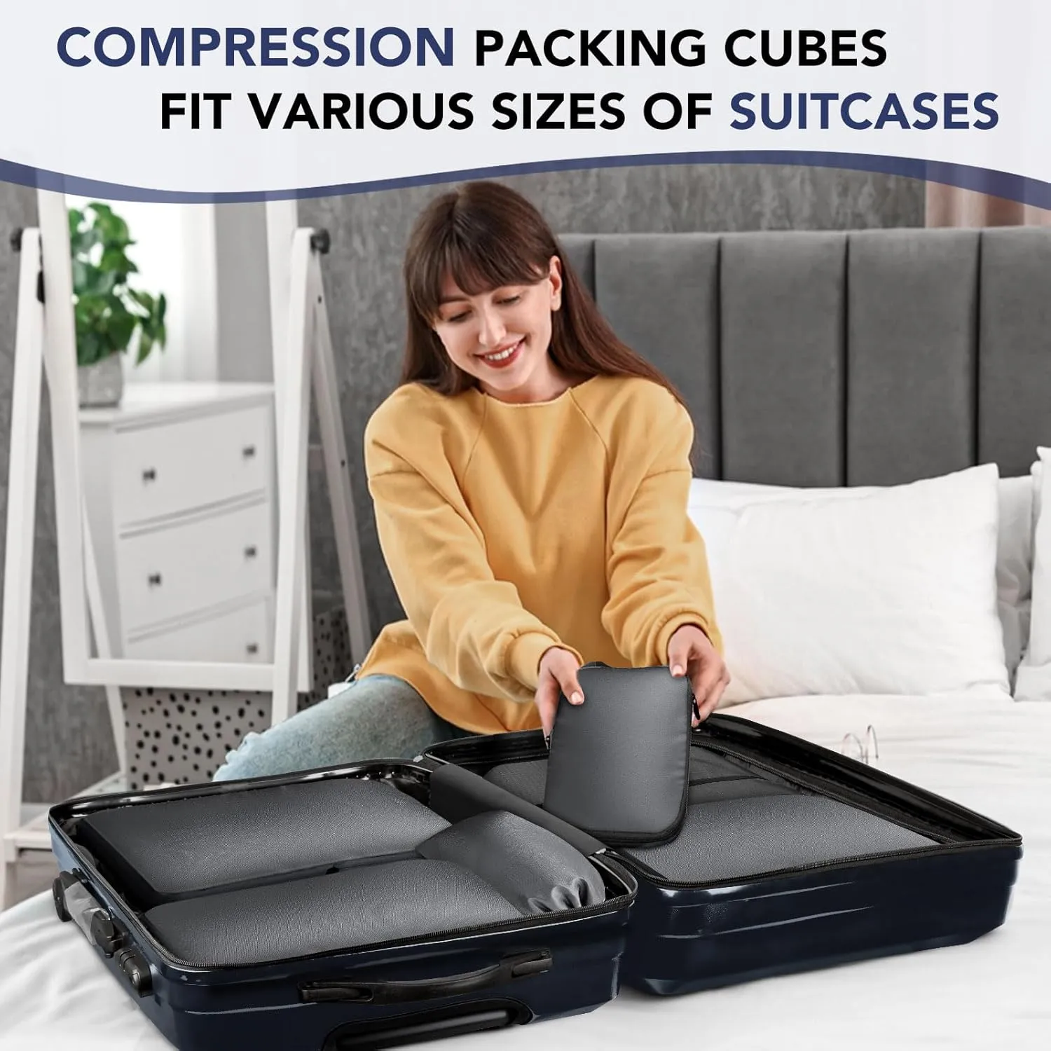 Packing Cubes, 4 Set Lightweight Compression Travel Bags - Luggage Suitcase Organizer Travel Essentials, Expandable Packing Cubes for Carry on Suitcases, Charcoal