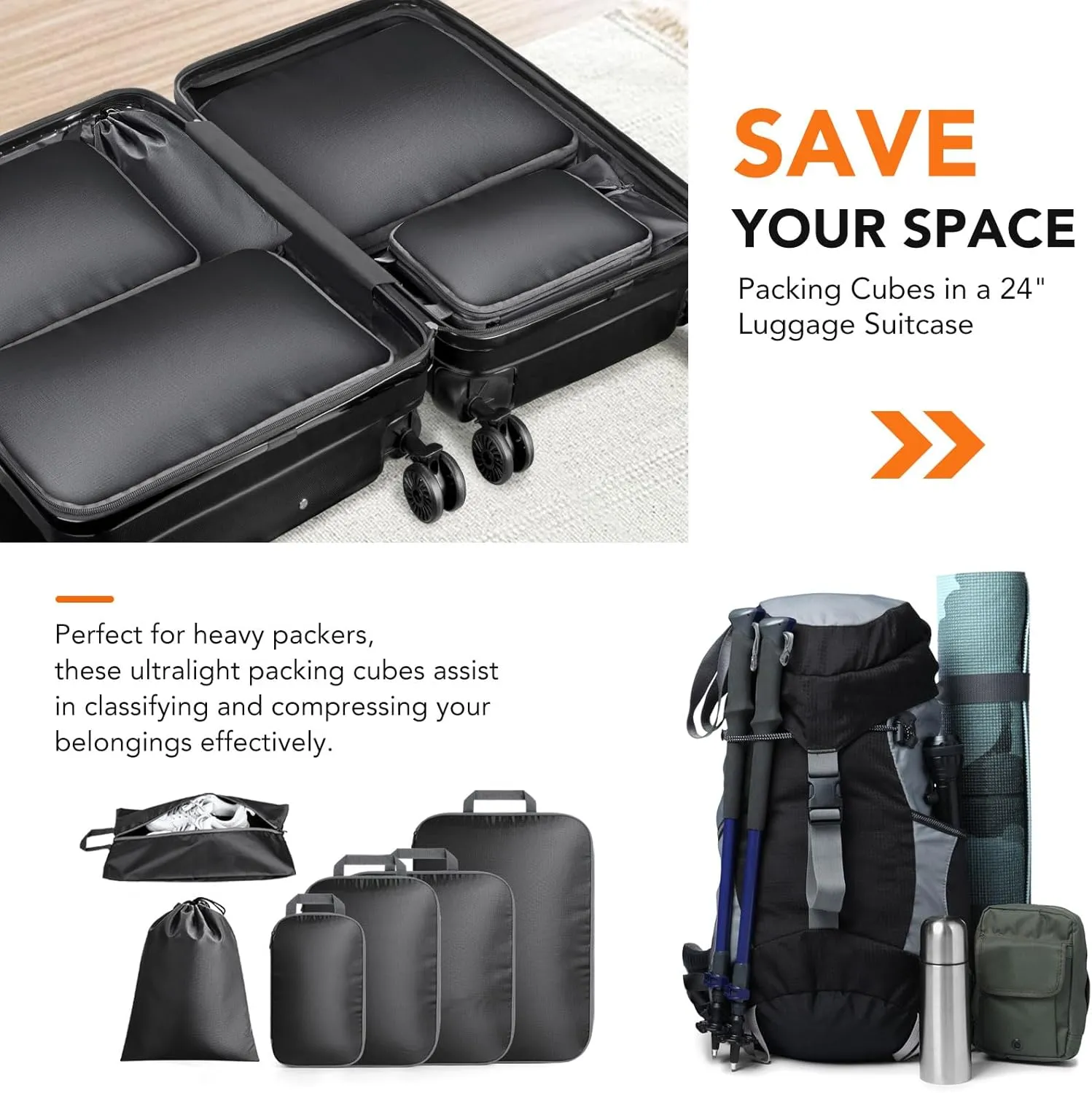 Packing Cubes for Travel, 6 Set Lightweight Compression Travel Bags - Luggage Suitcase Organizer, Expandable Packing Cubes Organizer for Carry on Suitcases, Black