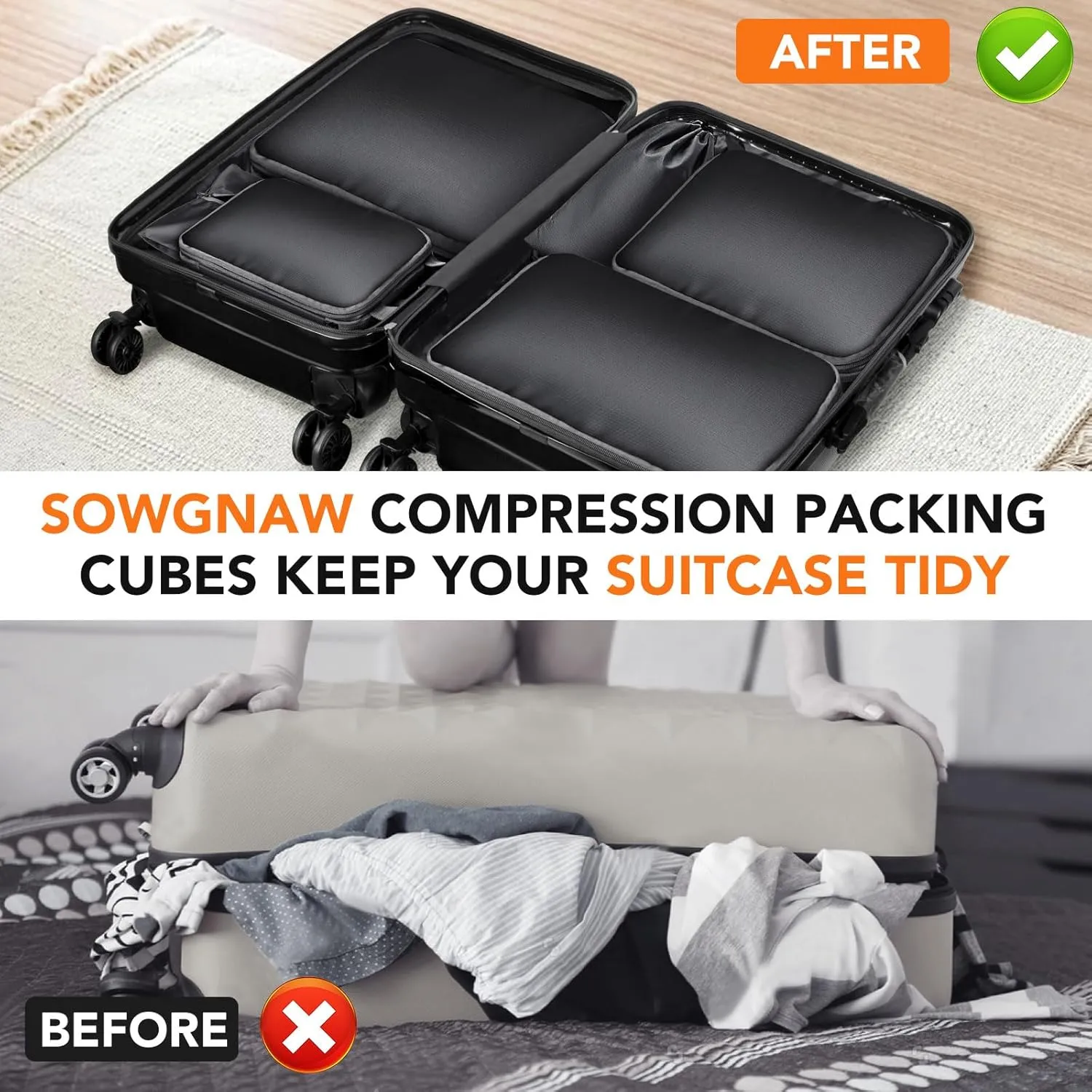 Packing Cubes for Travel, 6 Set Lightweight Compression Travel Bags - Luggage Suitcase Organizer, Expandable Packing Cubes Organizer for Carry on Suitcases, Black