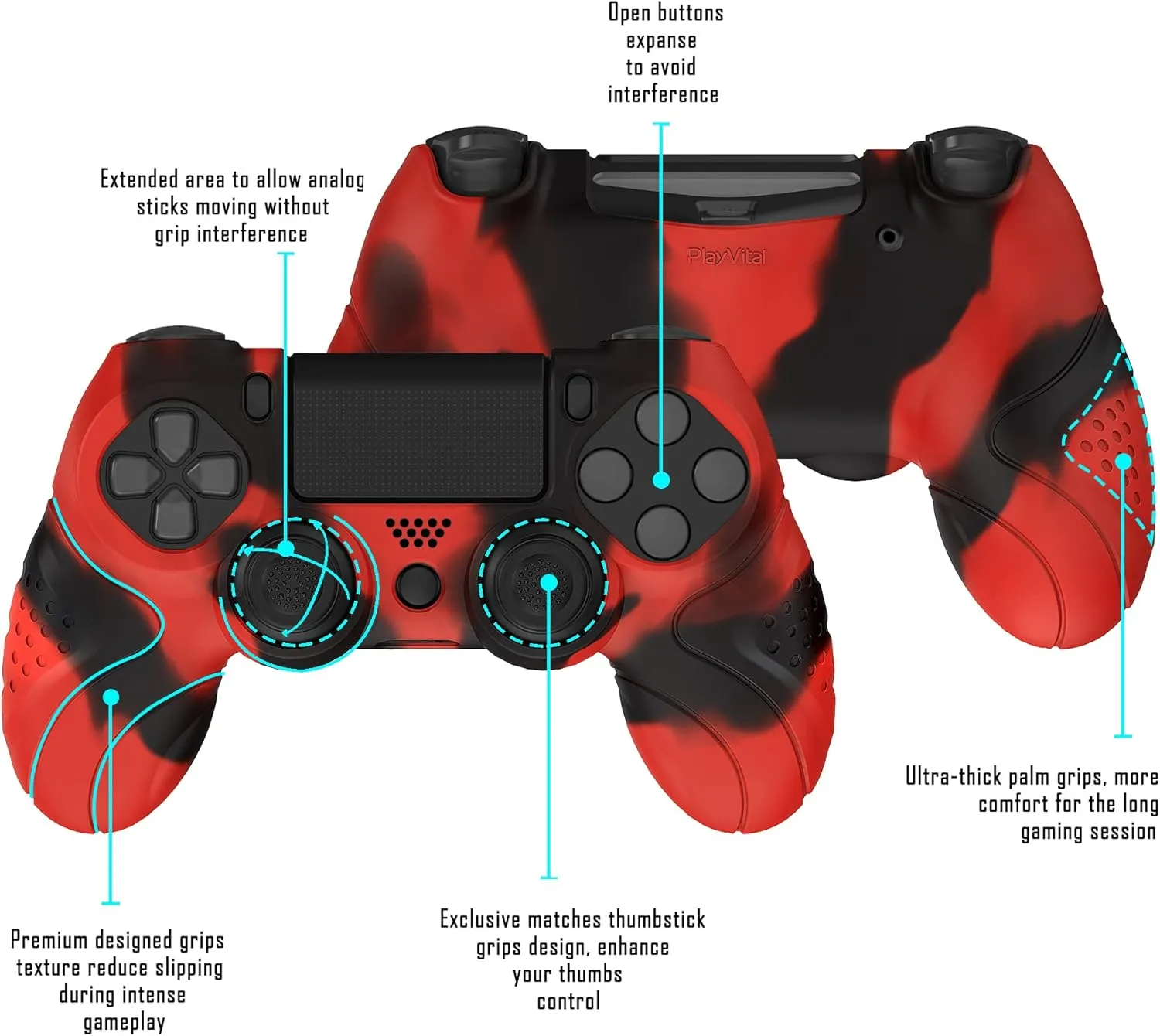 PlayVital Guardian Edition Red & Black Ergonomic Soft Anti-Slip Controller Silicone Case Cover for ps4, Rubber Protector Skin with Joystick Caps for ps4 Slim/Pro Controller