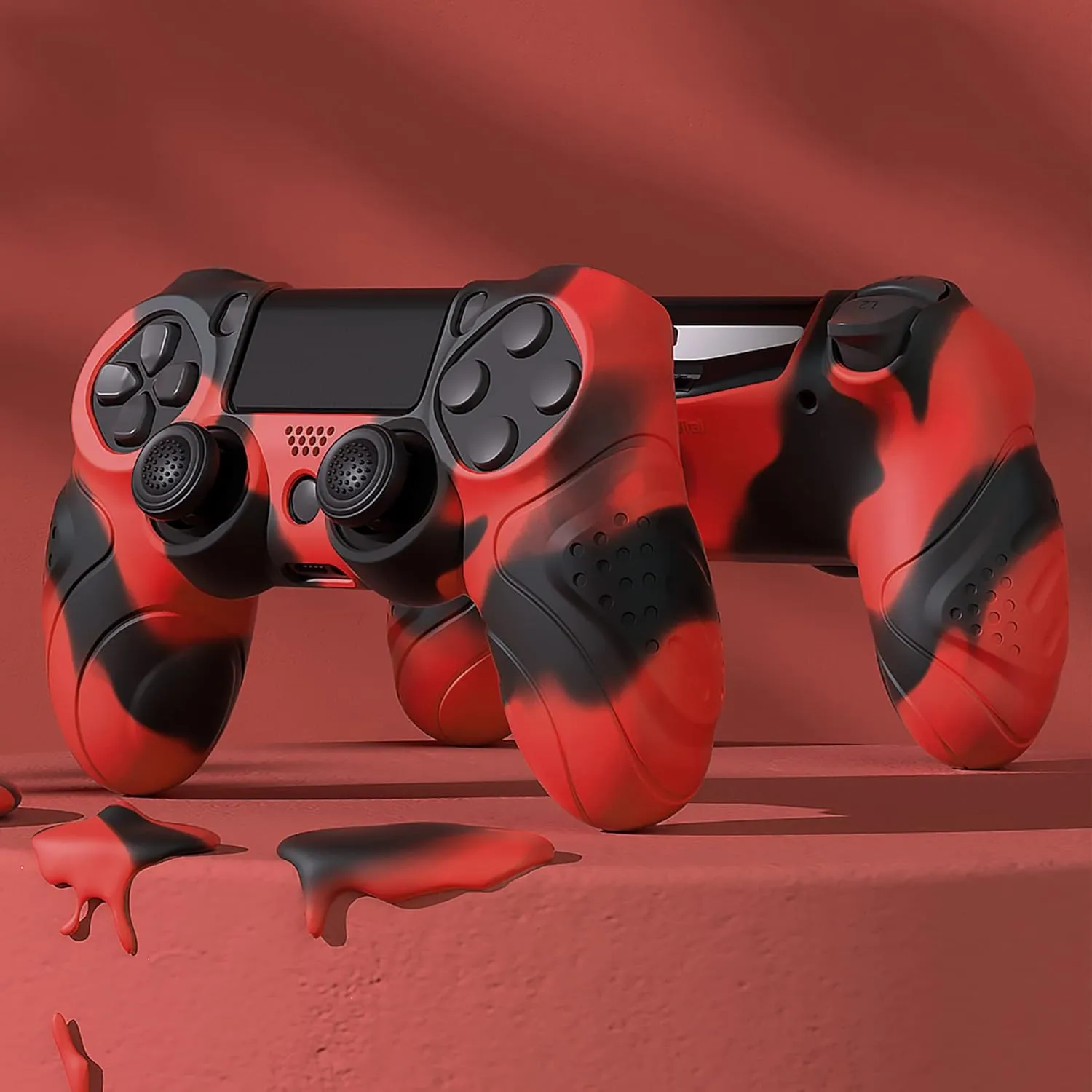 PlayVital Guardian Edition Red & Black Ergonomic Soft Anti-Slip Controller Silicone Case Cover for ps4, Rubber Protector Skin with Joystick Caps for ps4 Slim/Pro Controller