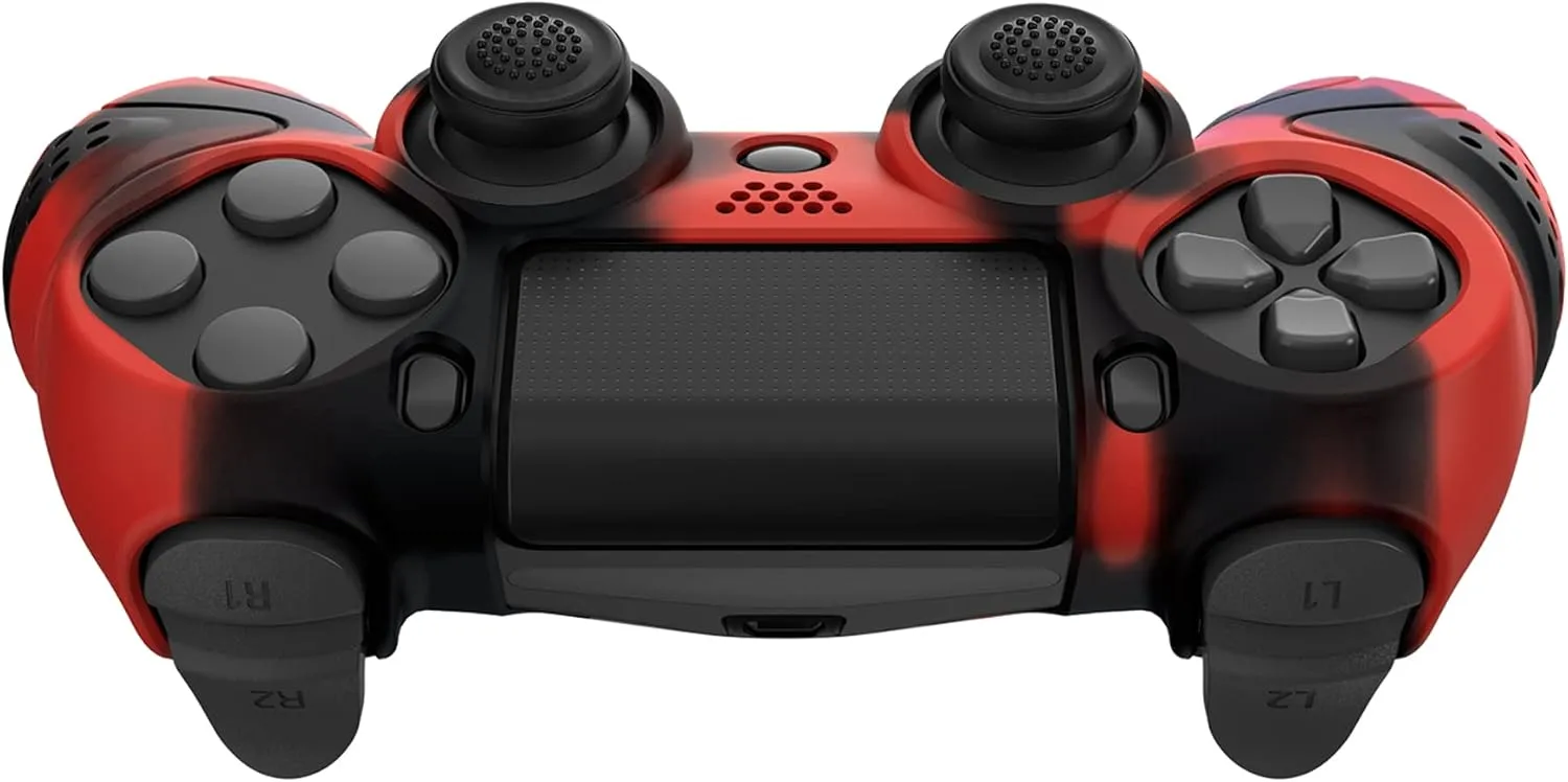 PlayVital Guardian Edition Red & Black Ergonomic Soft Anti-Slip Controller Silicone Case Cover for ps4, Rubber Protector Skin with Joystick Caps for ps4 Slim/Pro Controller