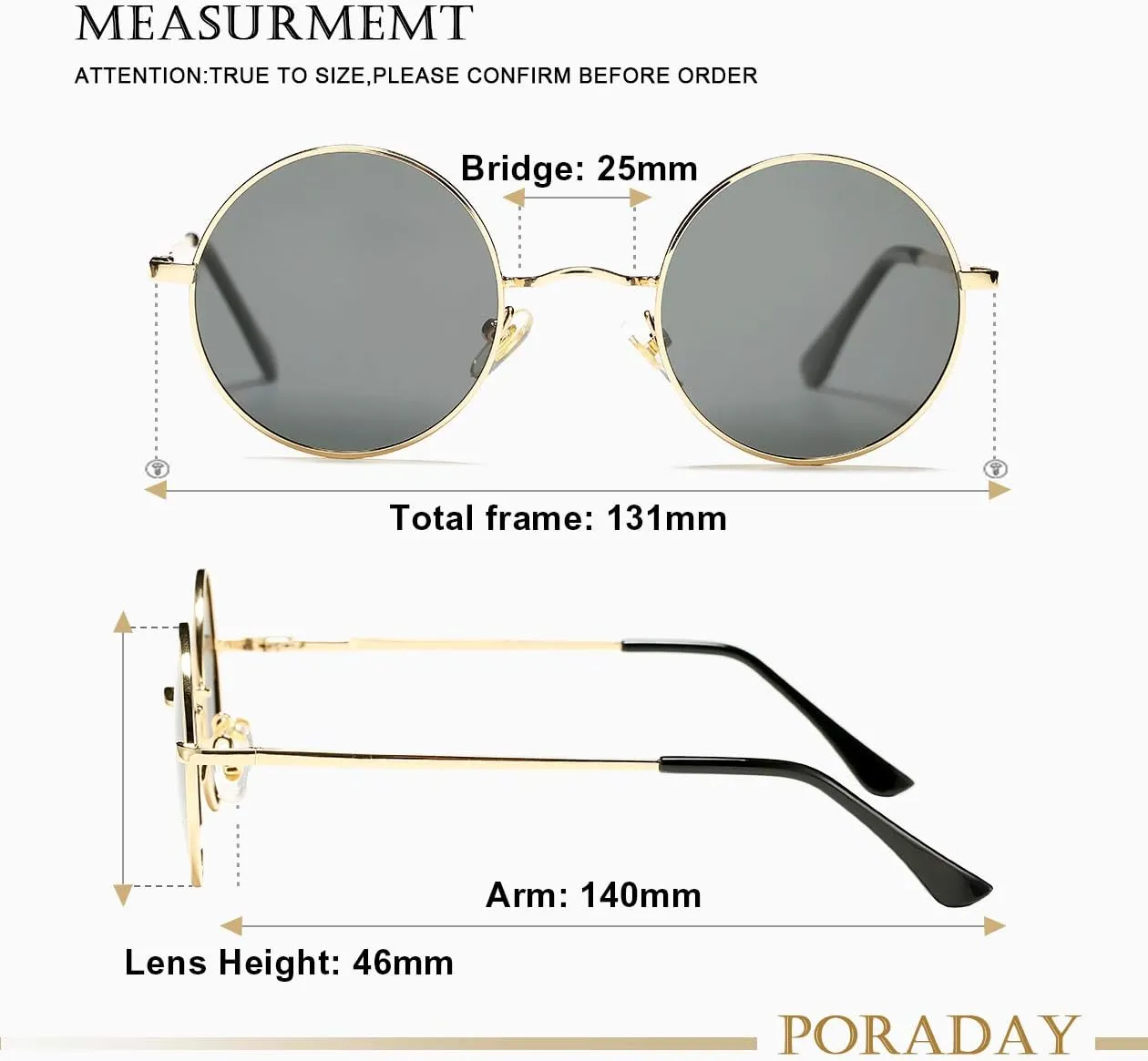 PORADAY Classic Circle Glasses Retro Round Polarized Sunglasses Hippie Style Small Rounded Sun Shades