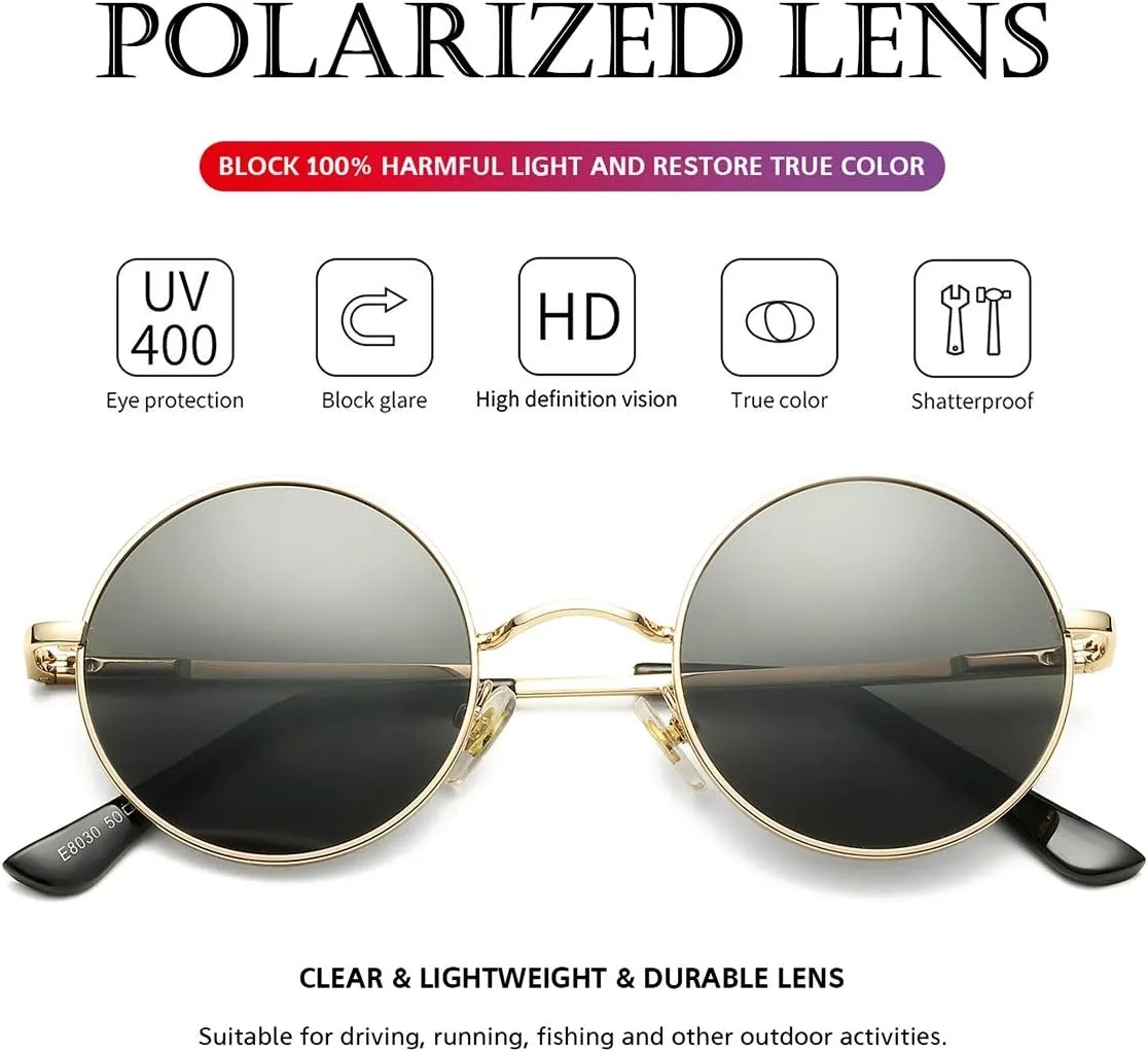 PORADAY Classic Circle Glasses Retro Round Polarized Sunglasses Hippie Style Small Rounded Sun Shades