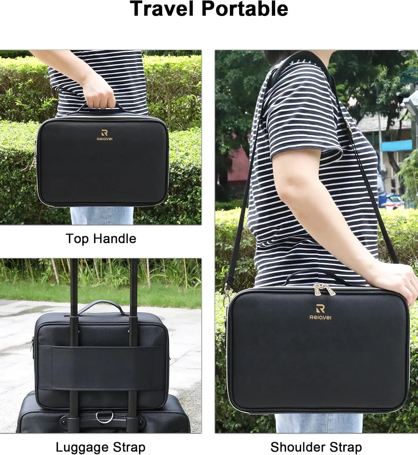 Relavel Makeup Bag with LED Mirror Travel Train Case Large Cosmetic Bags Organizer with Lighted Up Mirror with 3 Color Lights, Adjustable Brightness, Adjustable Dividers and Shoulder Strap (Black)