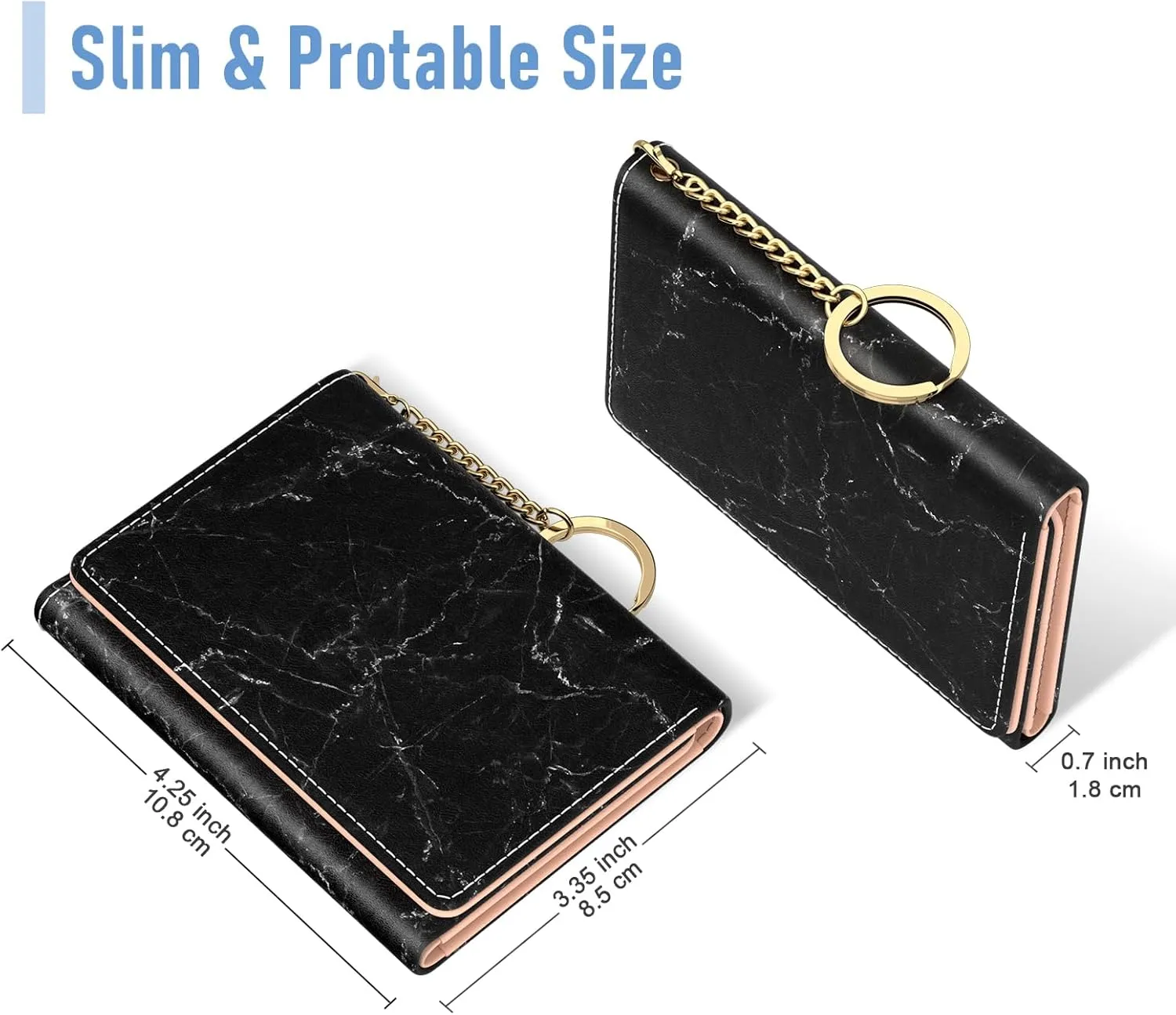 Rouidr Womens Wallet, Small Slim RFID Card Wallets for Women, Trifold Leather Clutch Card Organizer, Cute Front Pocket Purse with 7 Slots & ID Window & Keychain, Black Marble