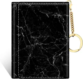 Rouidr Womens Wallet, Small Slim RFID Card Wallets for Women, Trifold Leather Clutch Card Organizer, Cute Front Pocket Purse with 7 Slots & ID Window & Keychain, Black Marble