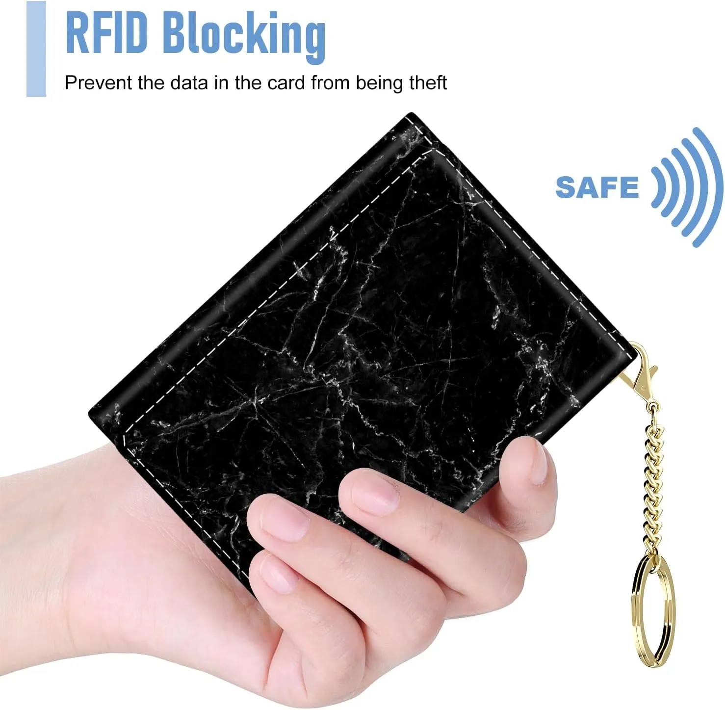 Rouidr Womens Wallet, Small Slim RFID Card Wallets for Women, Trifold Leather Clutch Card Organizer, Cute Front Pocket Purse with 7 Slots & ID Window & Keychain, Black Marble