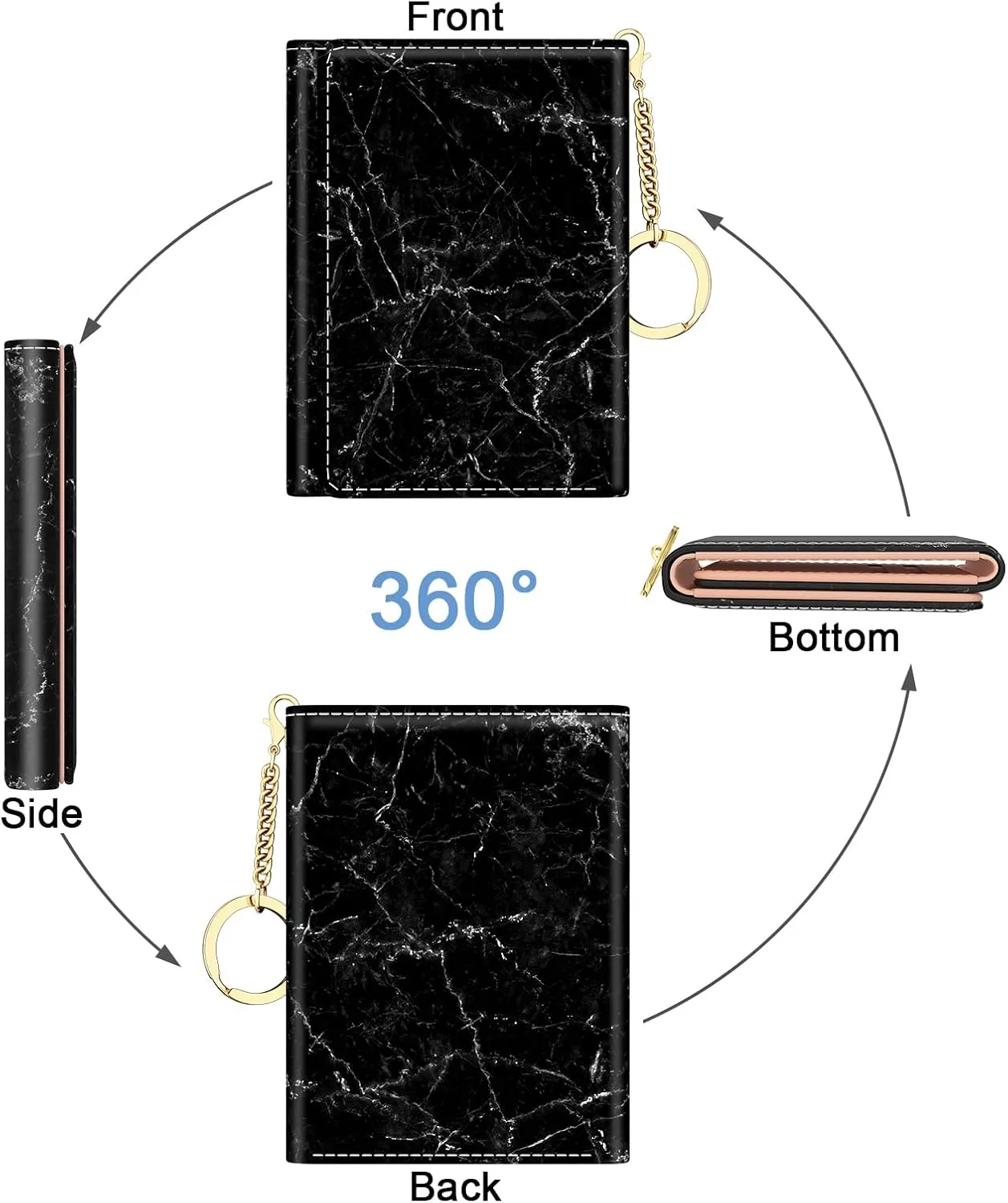 Rouidr Womens Wallet, Small Slim RFID Card Wallets for Women, Trifold Leather Clutch Card Organizer, Cute Front Pocket Purse with 7 Slots & ID Window & Keychain, Black Marble