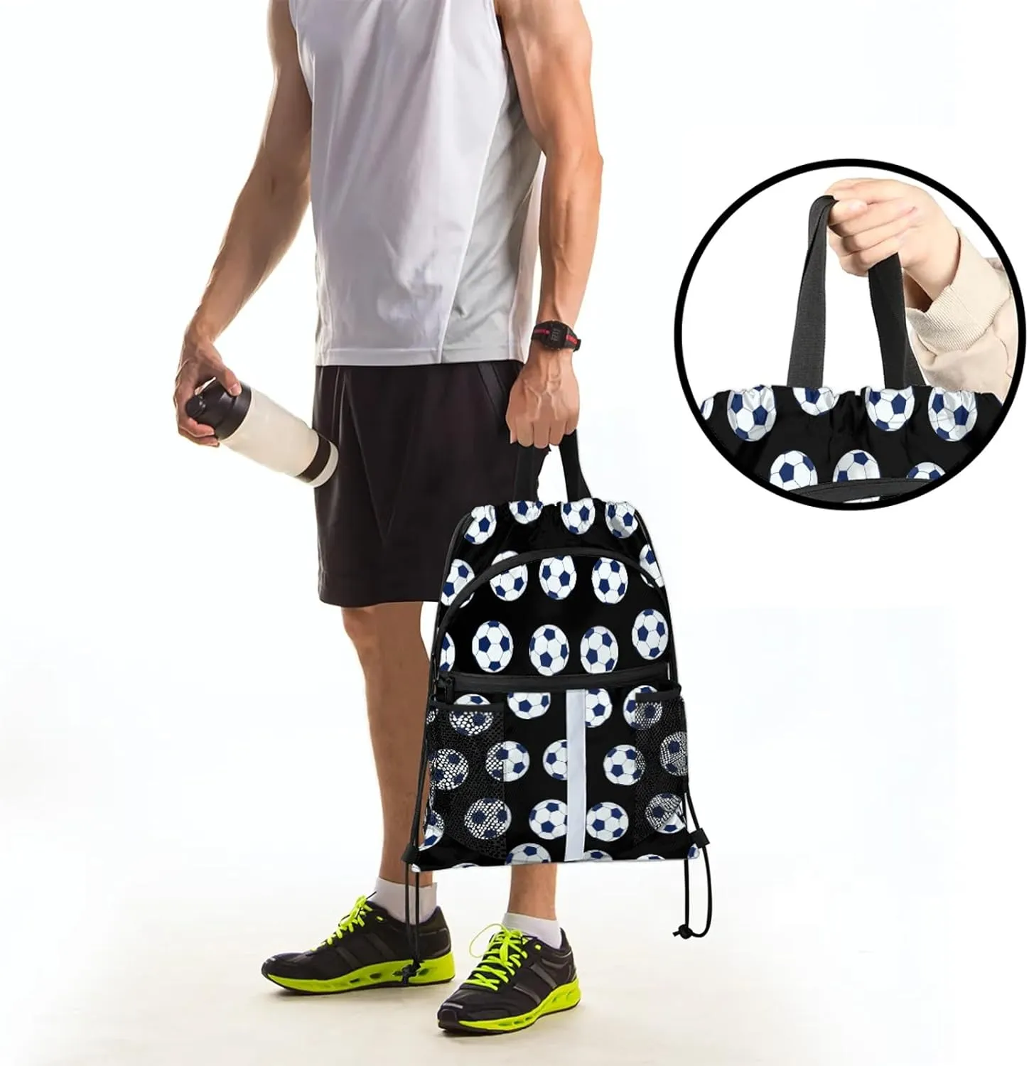 Soccer Drawstring Backpack Black Sports Gym Sackpack for Women Men Waterproof String Bag with Mesh Pockets