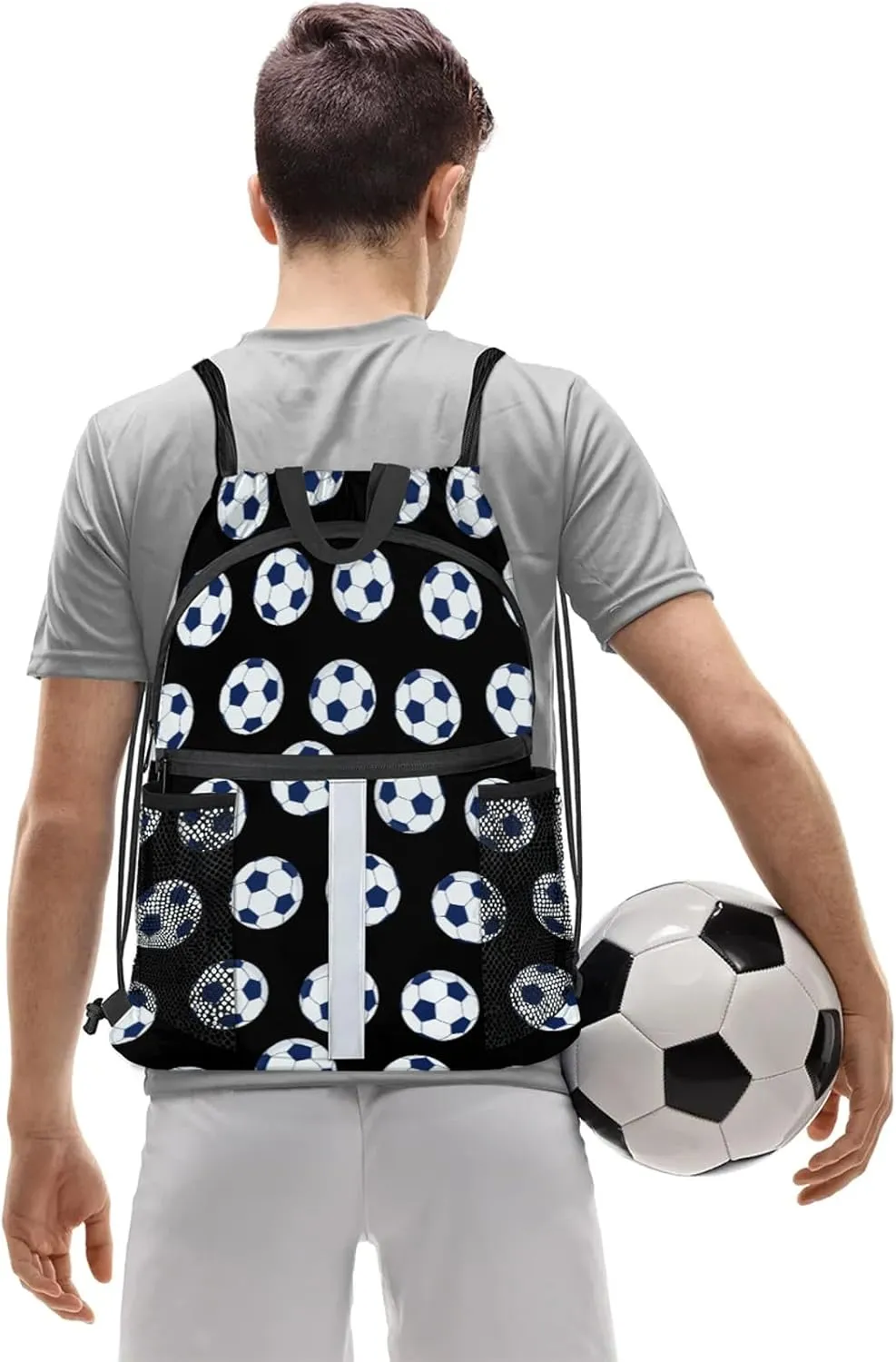 Soccer Drawstring Backpack Black Sports Gym Sackpack for Women Men Waterproof String Bag with Mesh Pockets