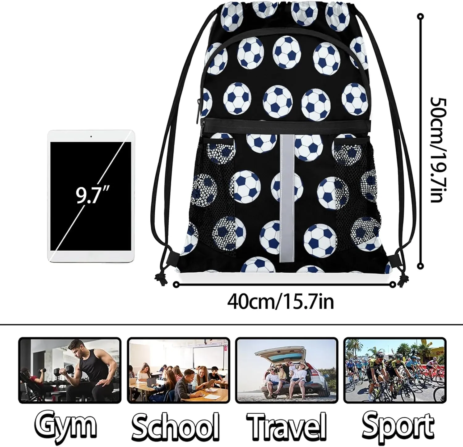 Soccer Drawstring Backpack Black Sports Gym Sackpack for Women Men Waterproof String Bag with Mesh Pockets