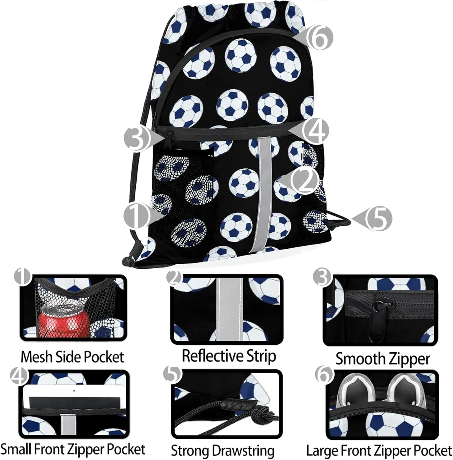 Soccer Drawstring Backpack Black Sports Gym Sackpack for Women Men Waterproof String Bag with Mesh Pockets