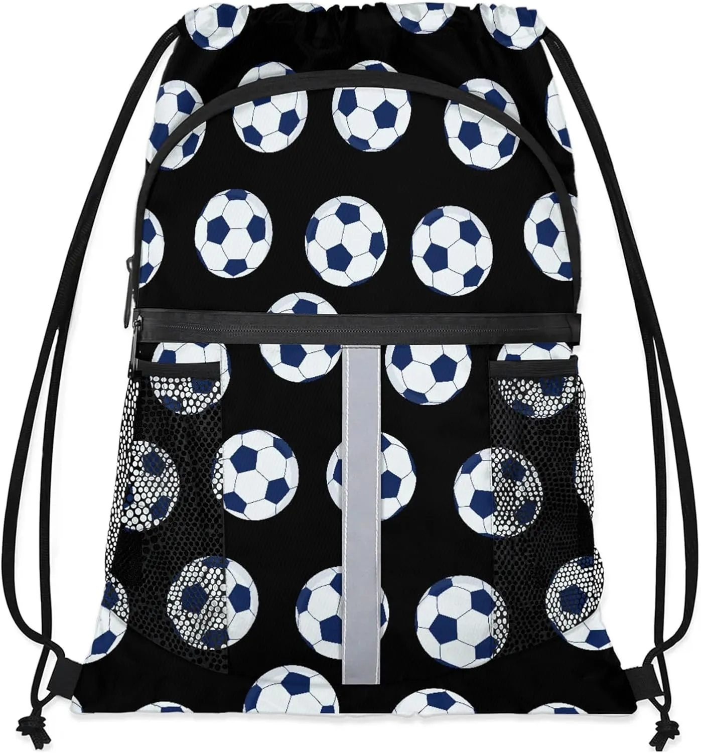 Soccer Drawstring Backpack Black Sports Gym Sackpack for Women Men Waterproof String Bag with Mesh Pockets