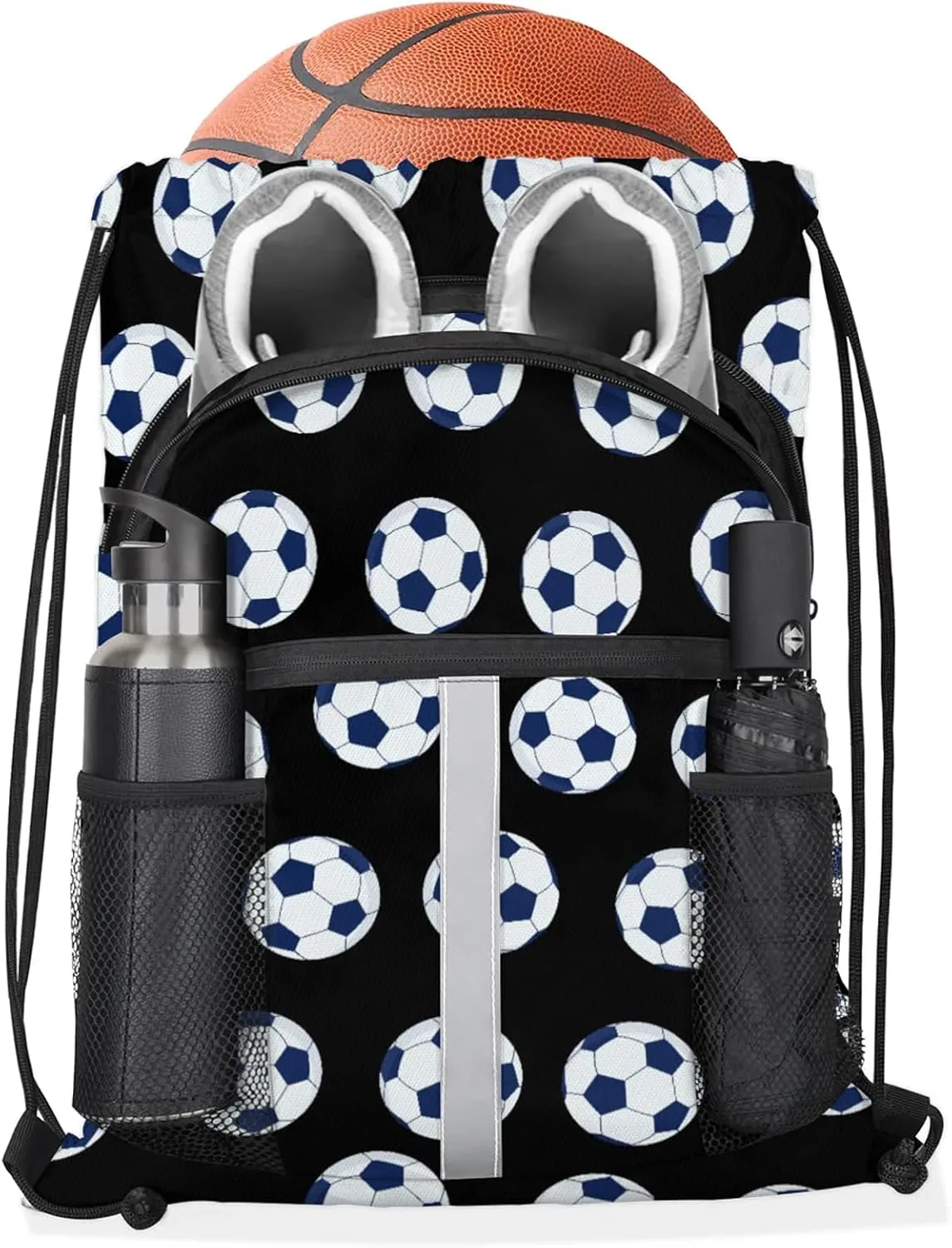 Soccer Drawstring Backpack Black Sports Gym Sackpack for Women Men Waterproof String Bag with Mesh Pockets