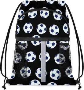 Soccer Drawstring Backpack Black Sports Gym Sackpack for Women Men Waterproof String Bag with Mesh Pockets