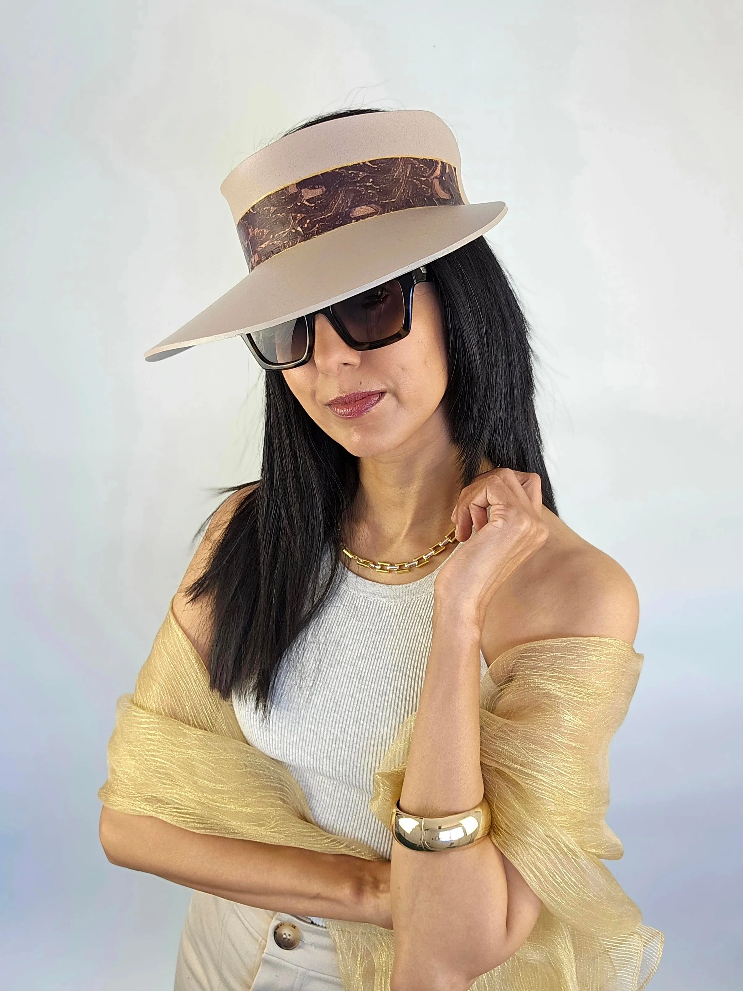 Tall Peach Gray "LadyEVA" Visor Hat with Dark Purple Marbled Band