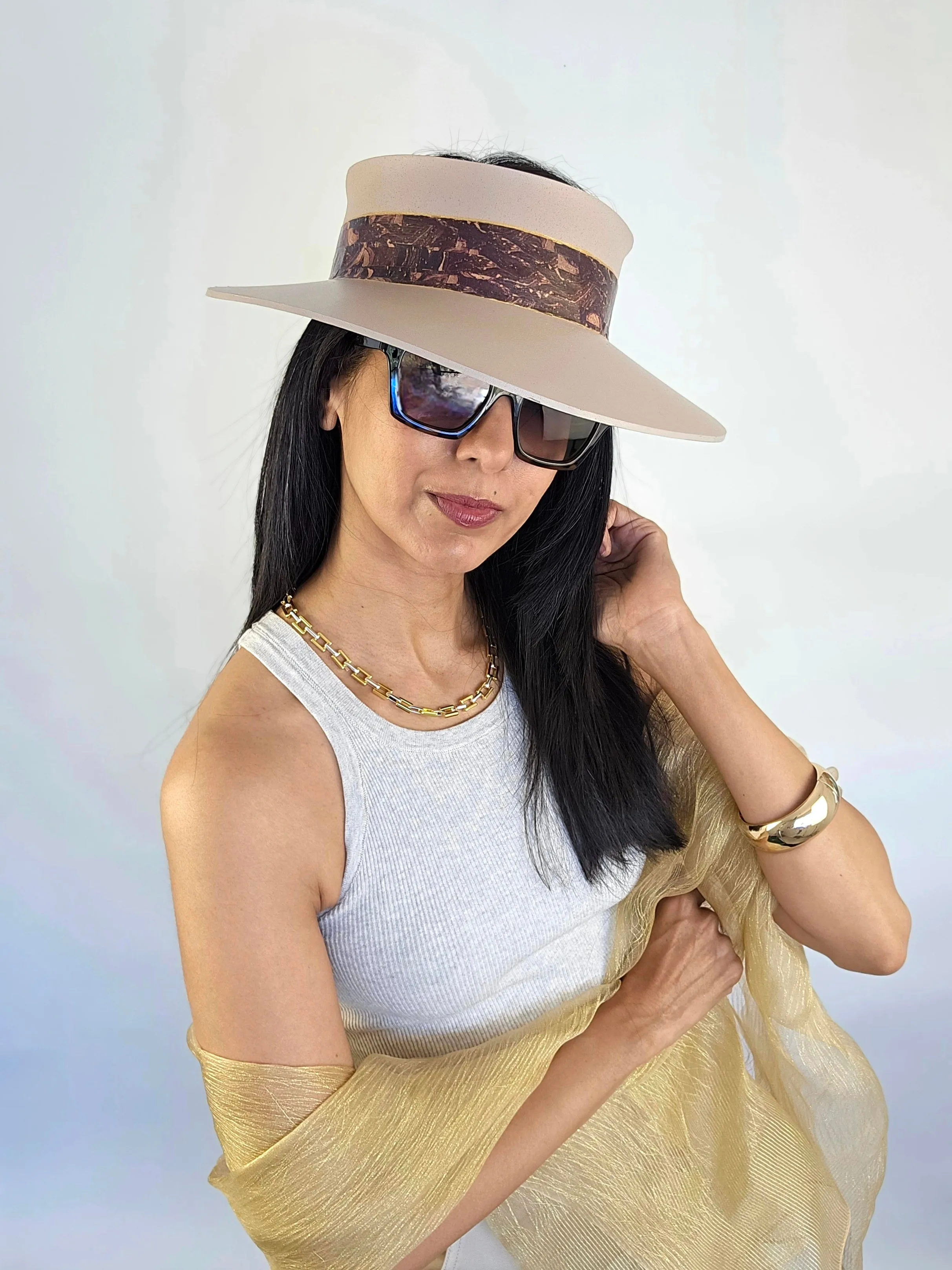 Tall Peach Gray "LadyEVA" Visor Hat with Dark Purple Marbled Band